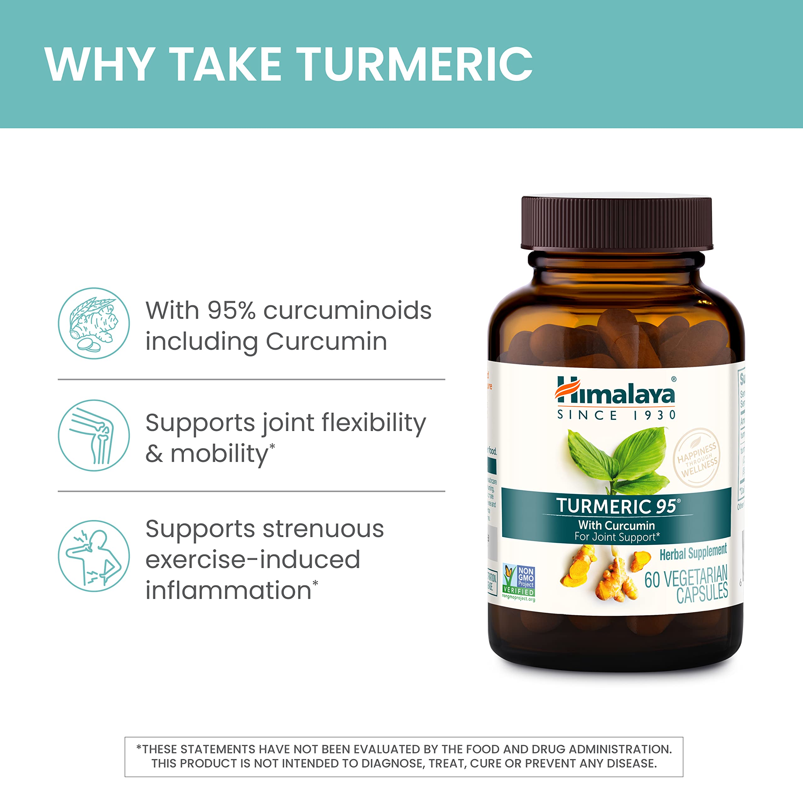 Empaque de Himalaya Cúrcuma 95 con detalles de ingredientes y calidad