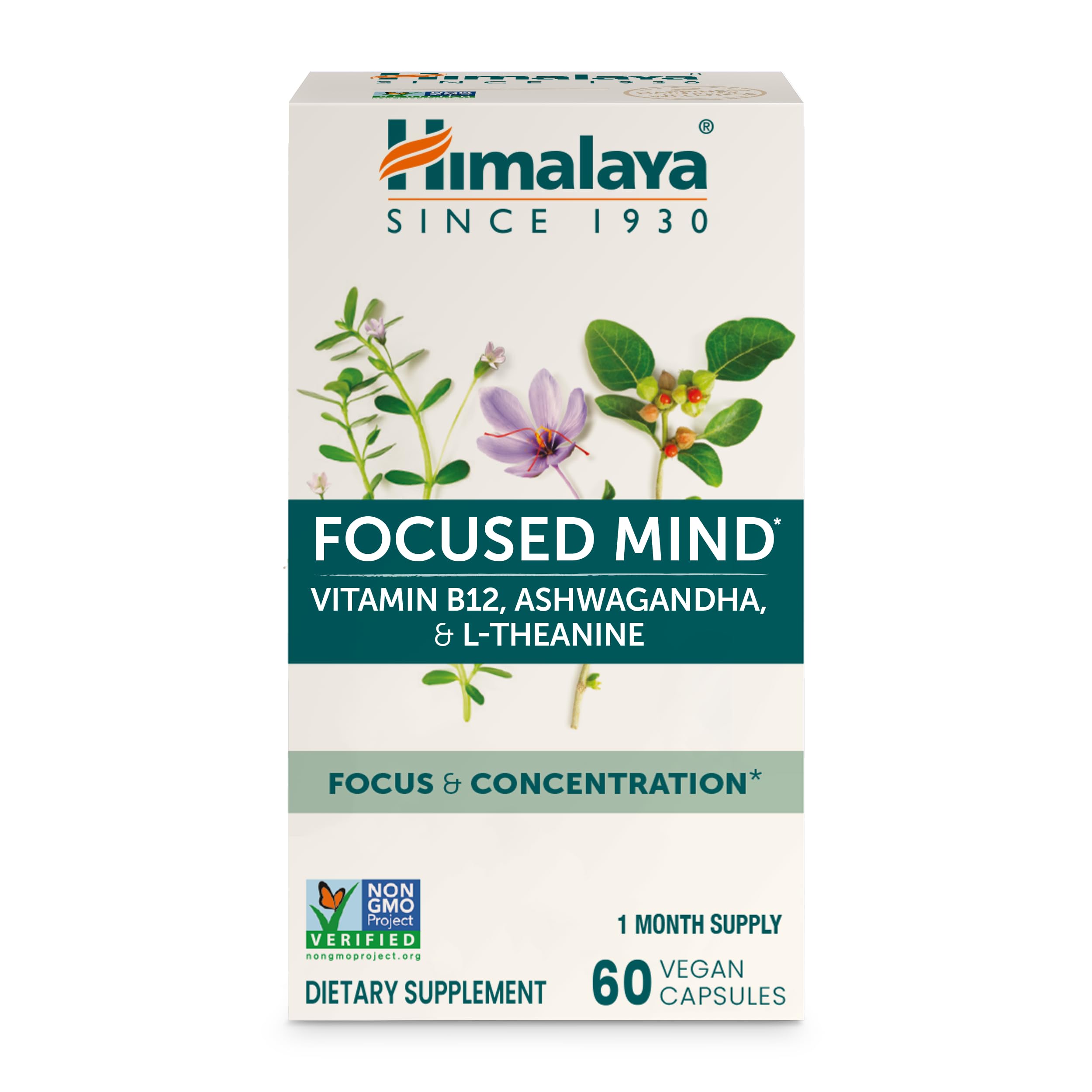 Himalaya Focused Mind: botella frontal con cápsulas veganas para enfoque diario.