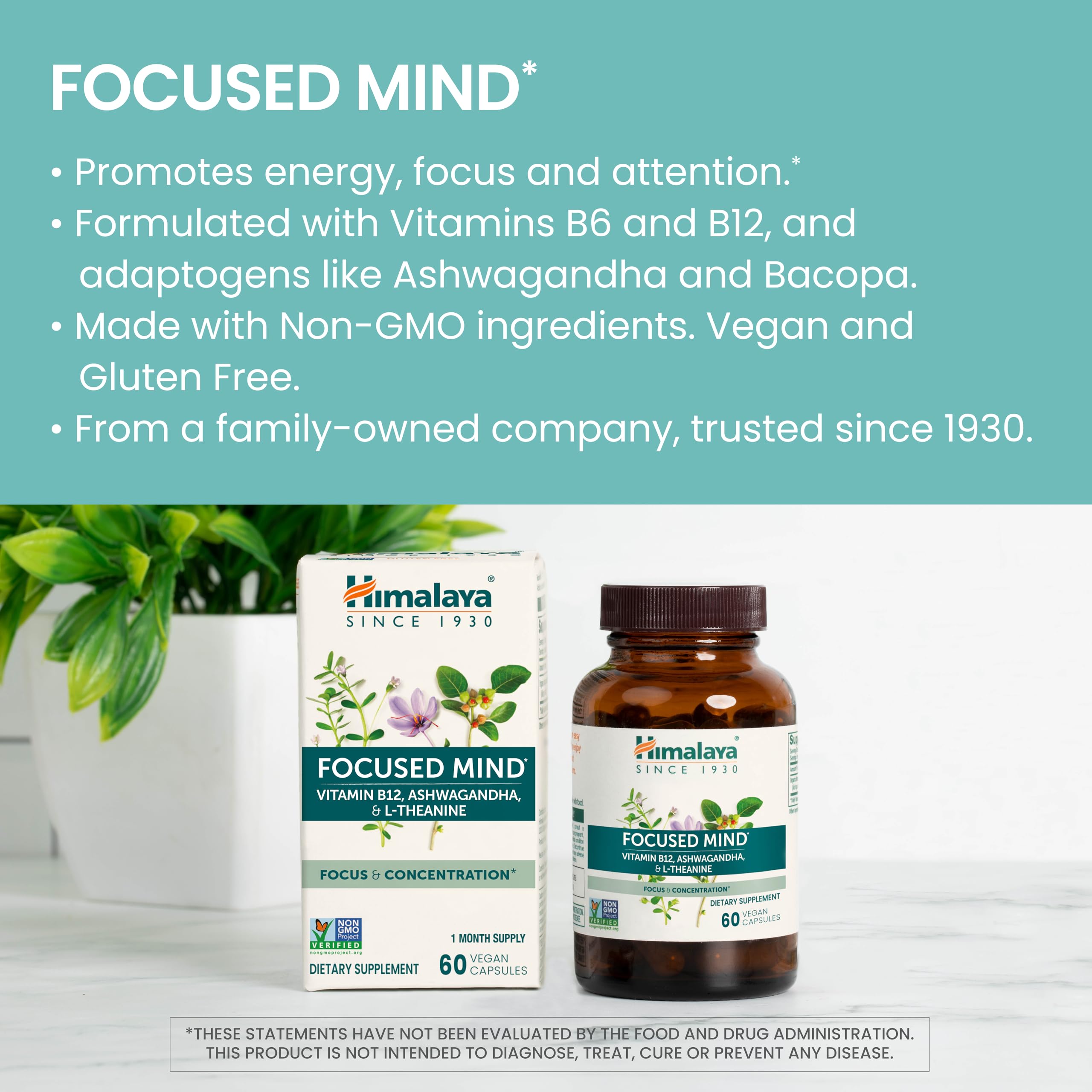 Himalaya Focused Mind: cápsulas veganas para energía y atención sostenidas.