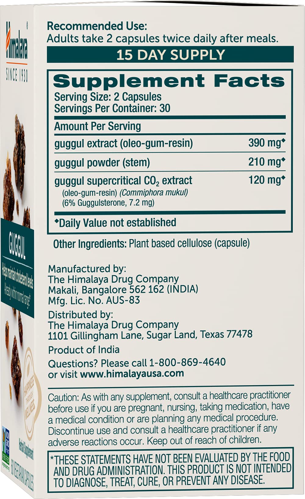 Himalaya Guggul: etiqueta de ingredientes con extracto ayurvédico