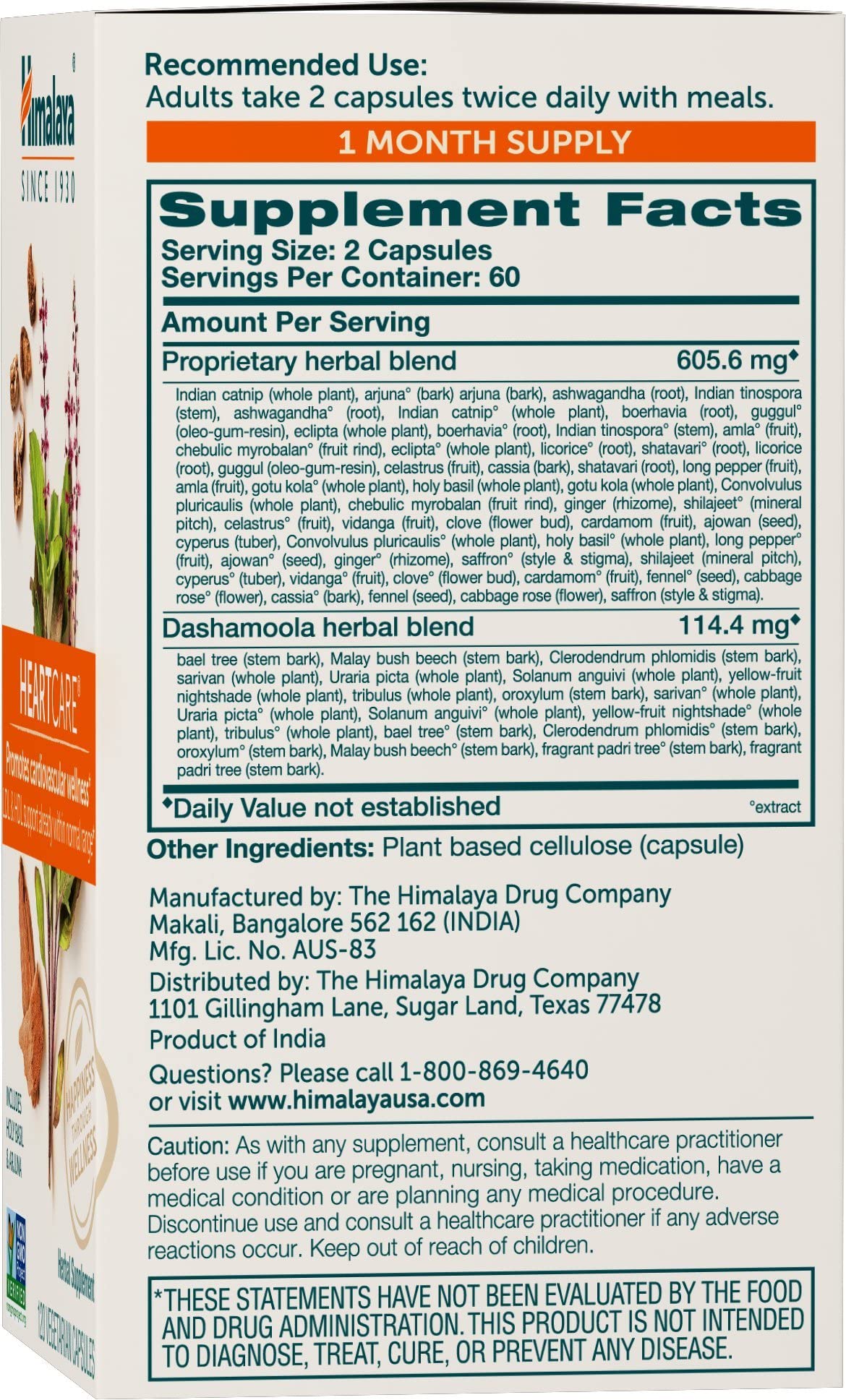 Himalaya HeartCare: etiqueta que destaca Ashwagandha y Amla para bienestar diario