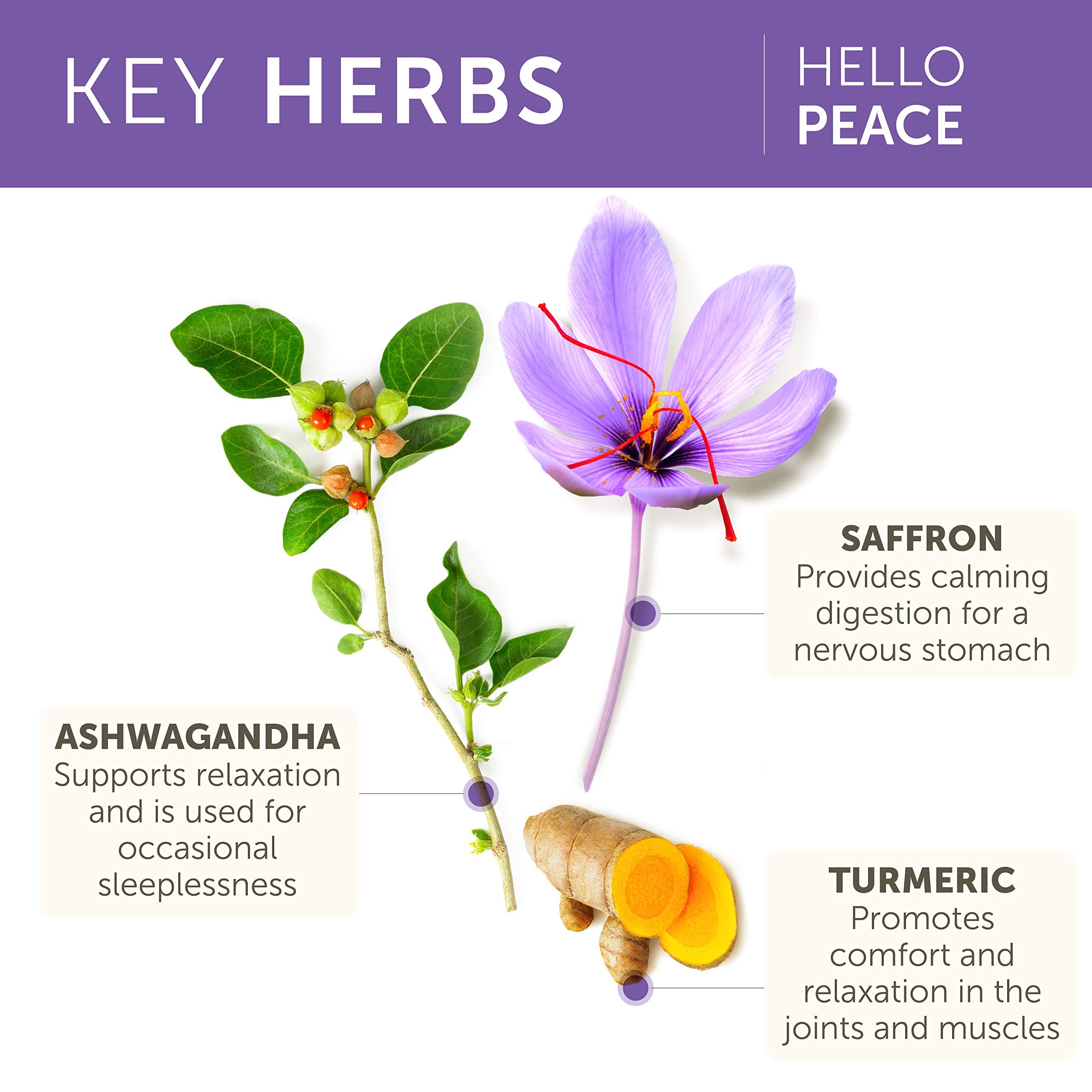 Ingredientes ayurvédicos como ashwagandha y curcuma en Hello Peace.