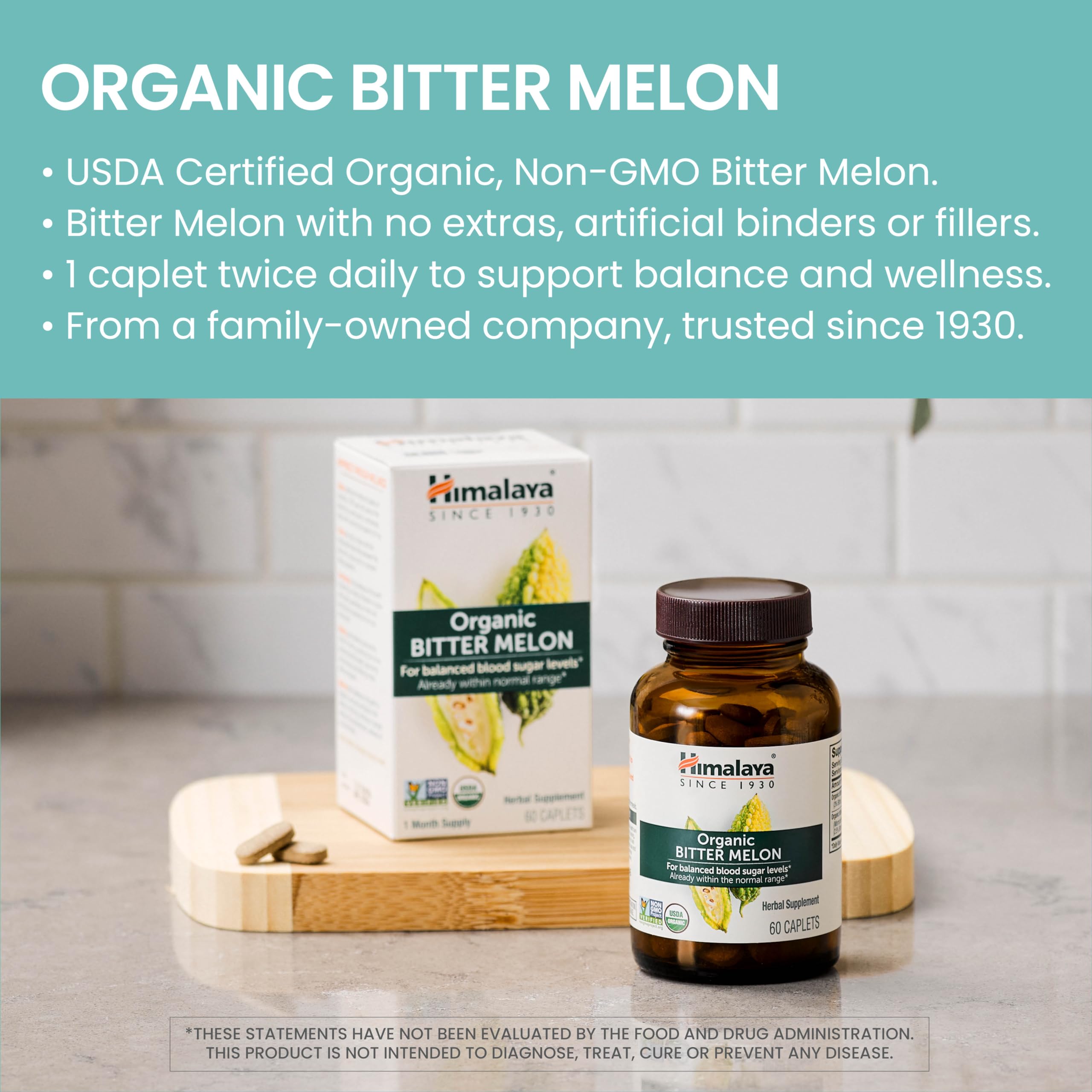 Himalaya Melón Amargo: caplets apilados, presentación limpia sin gluten ni OGM
