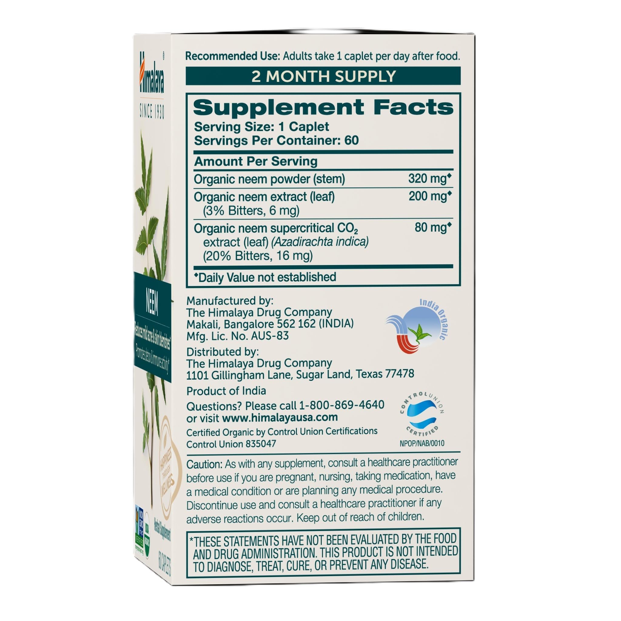 Neem Himalaya: etiqueta orgánica que resalta calidad orgánica