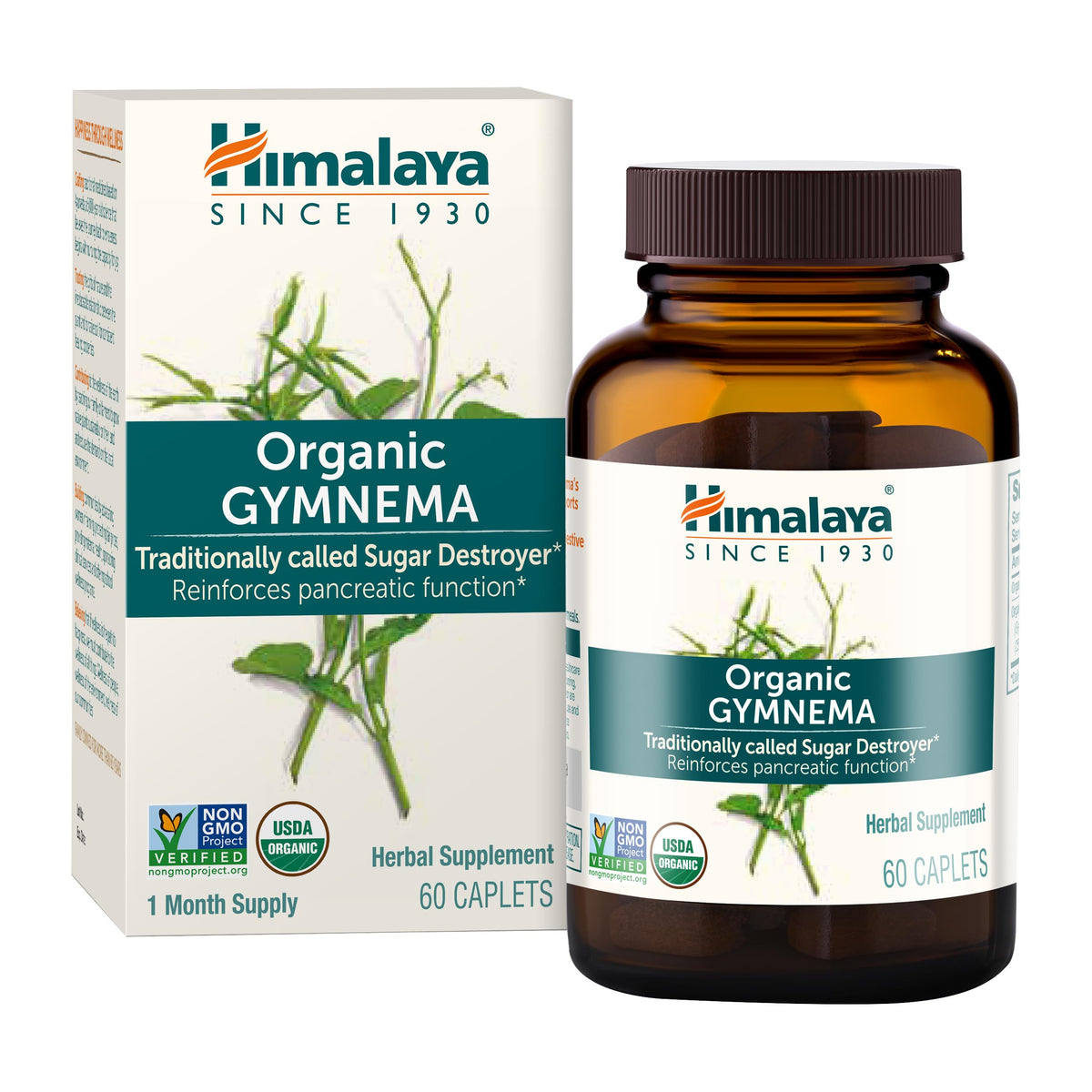 Himalaya Gymnema Sylvestre Orgánico en bote para apoyar el metabolismo de carbohidratos.