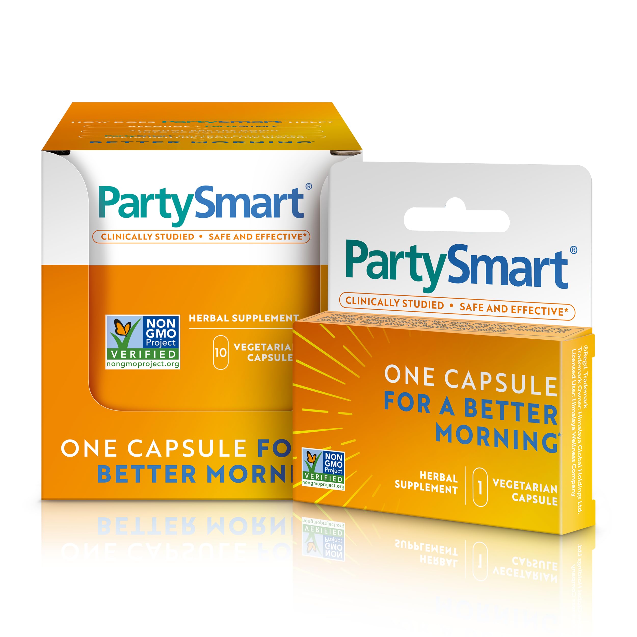 Himalaya PartySmart bottle and capsule on a nightstand suggesting a smoother morning