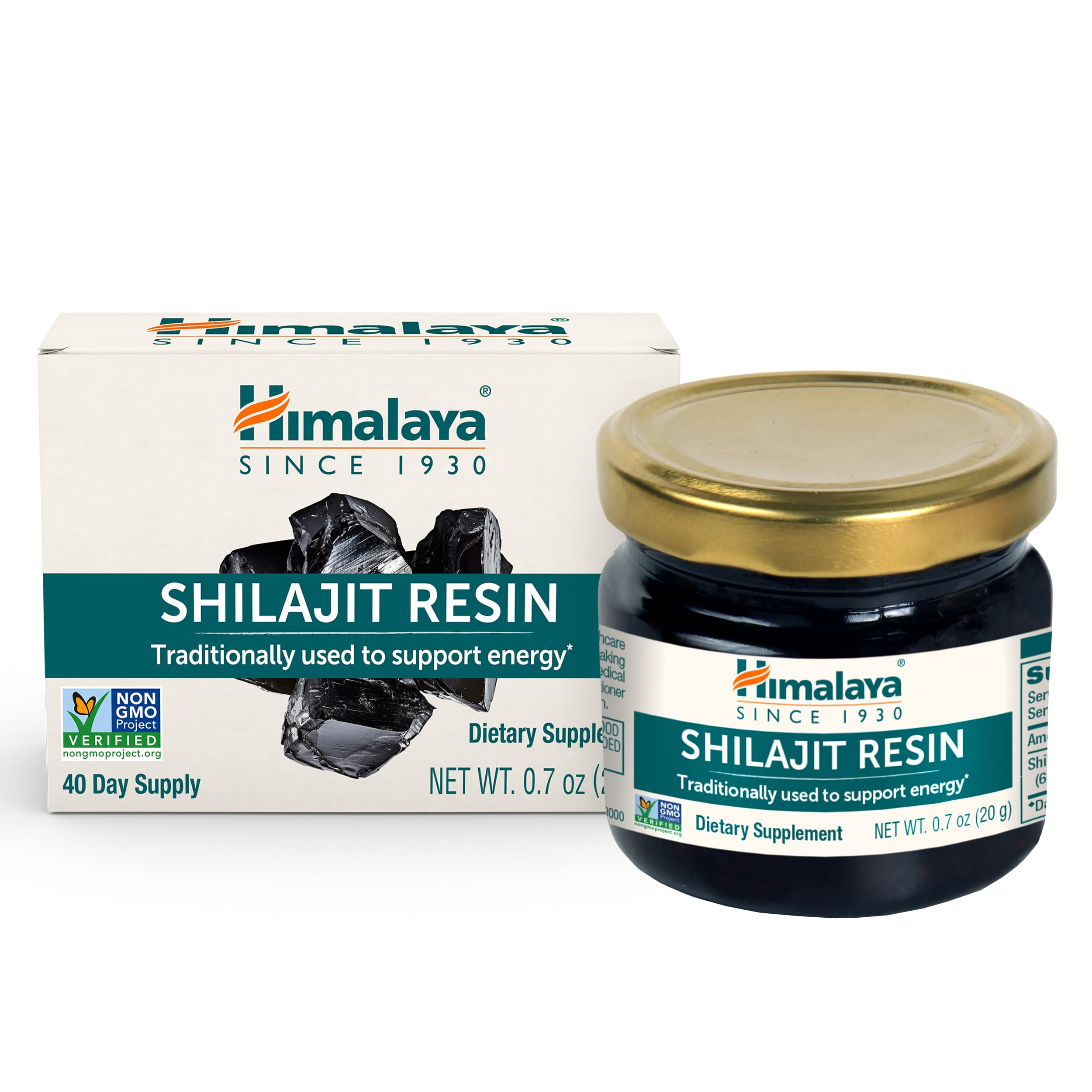 Himalaya Shilajit Resin en tarro de 20 g para uso diario.
