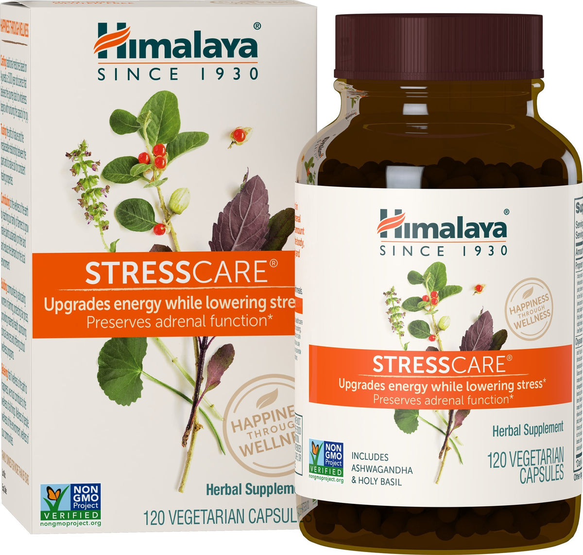 Himalaya StressCare en bote con cápsulas para apoyo adrenal diario y calma.