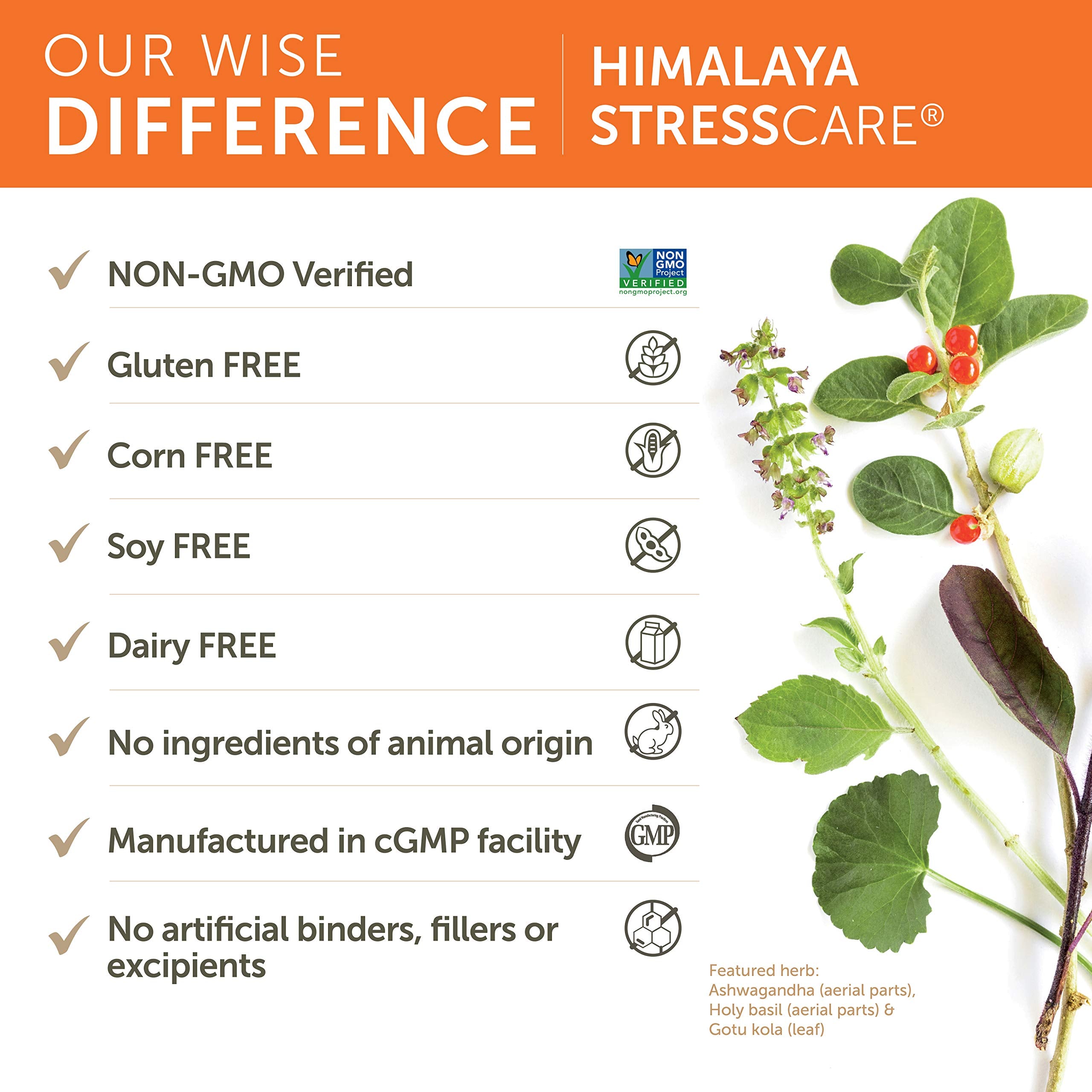 Himalaya StressCare: ingredientes naturales Ashwaganda y Tulsi para equilibrio.