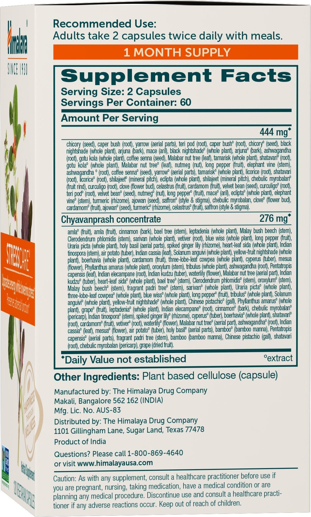 Himalaya StressCare: mezcla ayurvédica de ashwagandha, tulsi y amla para equilibrio diario.
