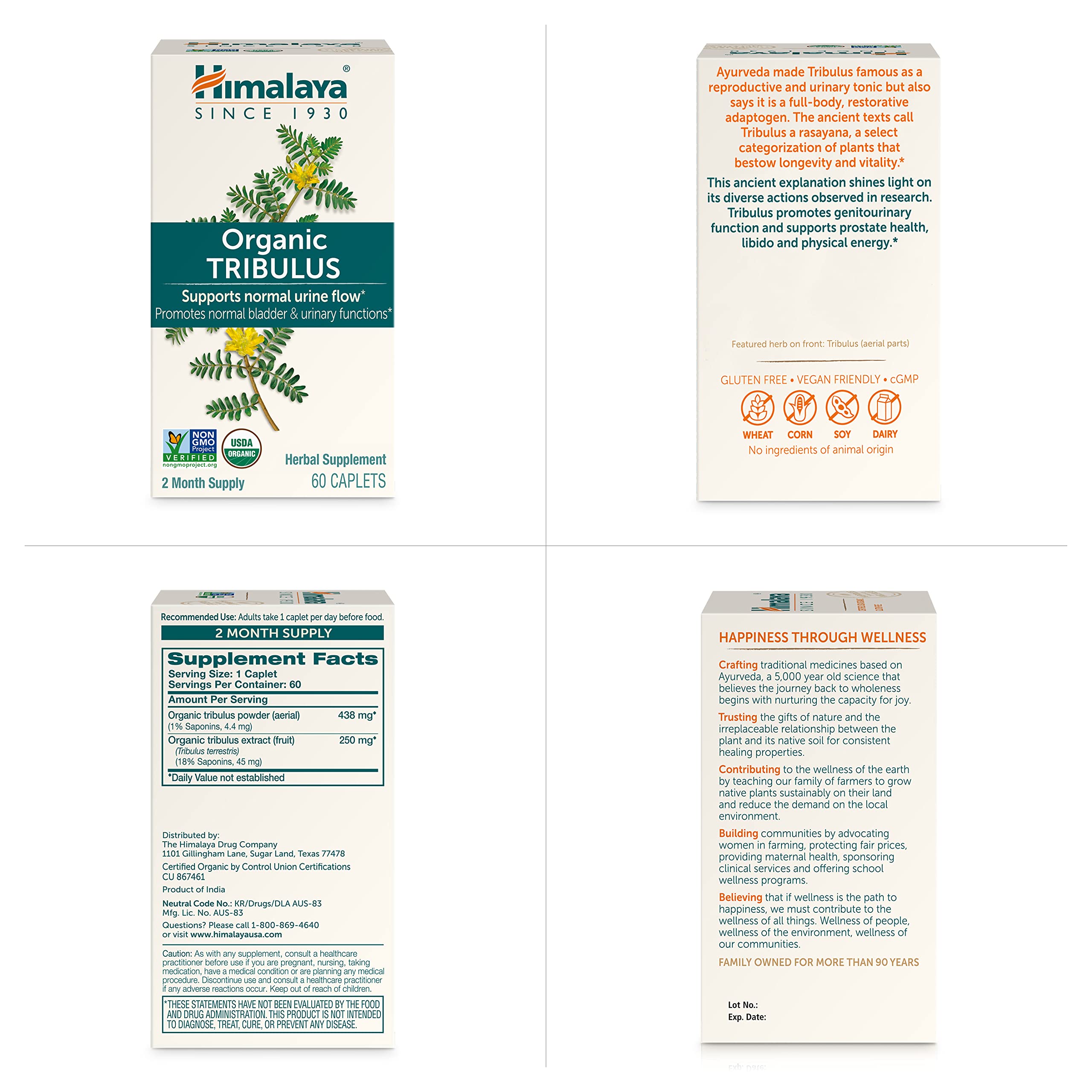 Himalaya Tribulus Orgánico aroma herbal suave en cápsulas.