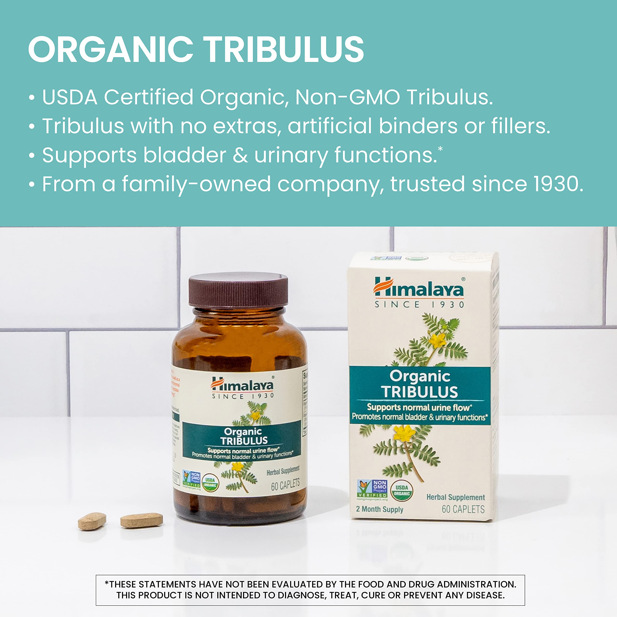 Himalaya Tribulus Orgánico etiqueta que destaca fórmula ayurvédica y orgánica.