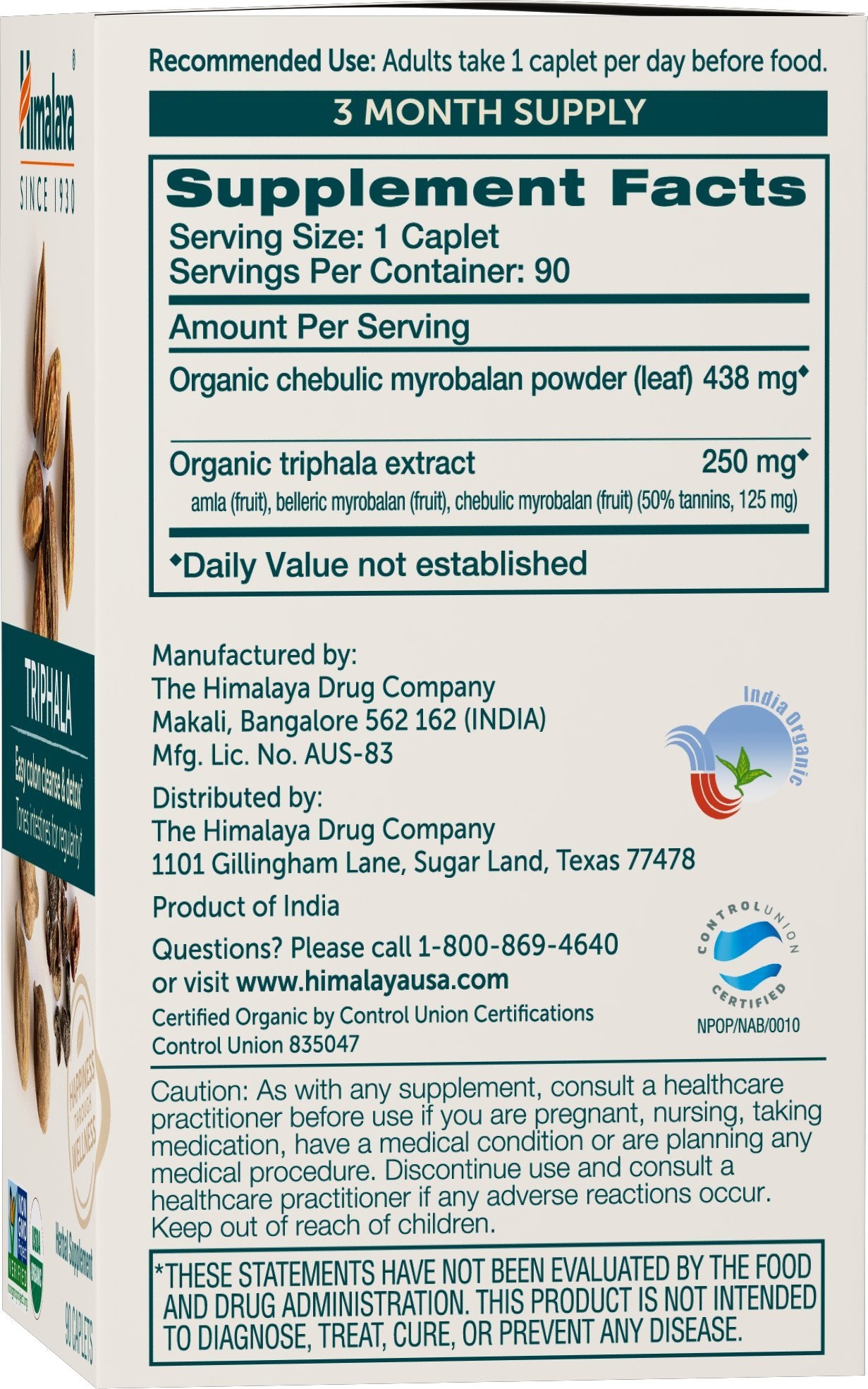 Himalaya Triphala: etiqueta orgánica USDA para calidad confiable