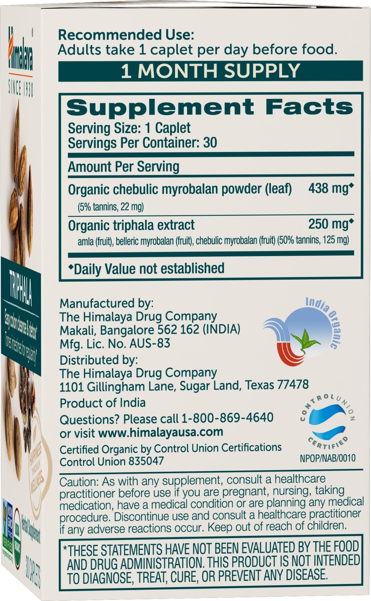 Himalaya Triphala: etiqueta orgánica con certificación USDA Organic.