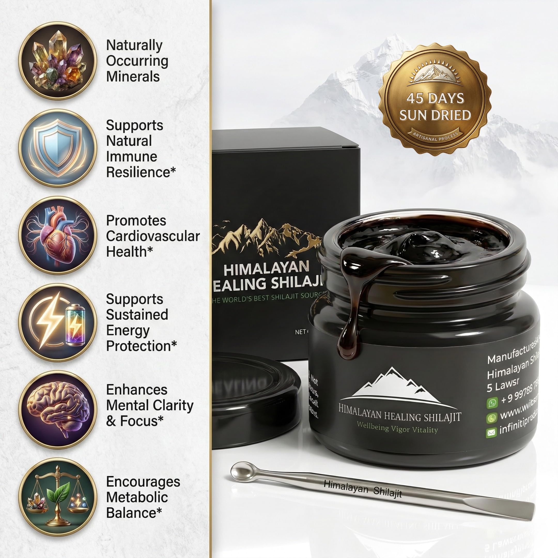 Shilajit Himalayo Oro porción de 500 mg para energía sostenida.