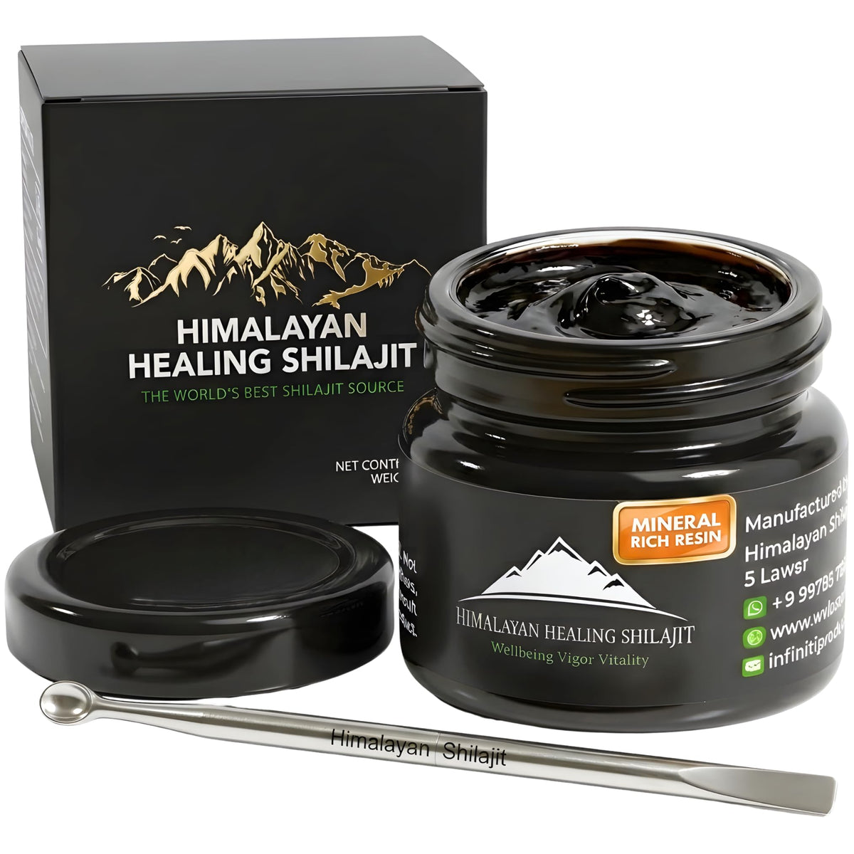 Himalayan Shilajit Oro frasco y etiqueta clara, demostrando pureza y potencia.
