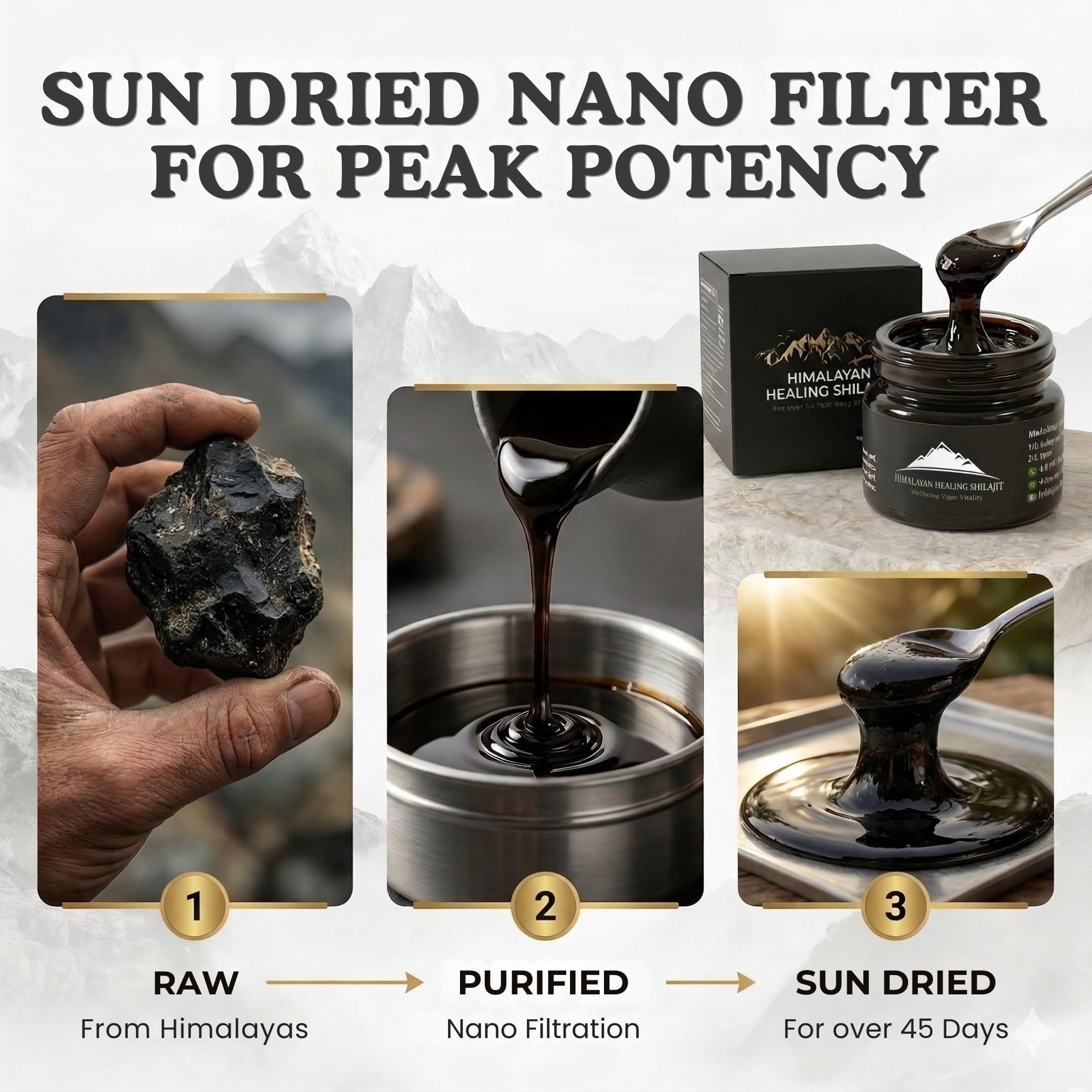 Shilajit Himalayo Oro mezclado en agua para absorción rápida.