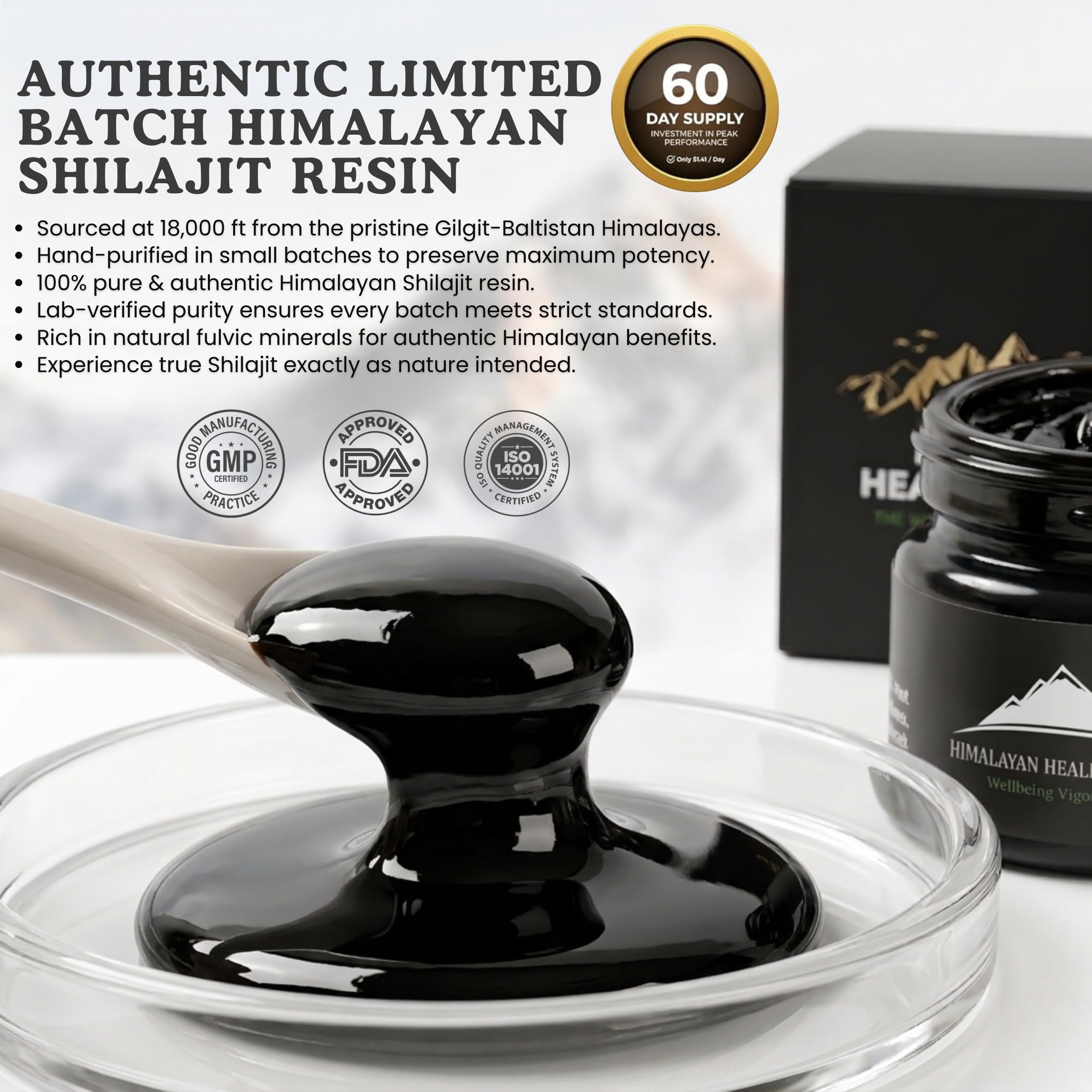 Shilajit Himalayo Oro con pruebas Eurofins de pureza y potencia.