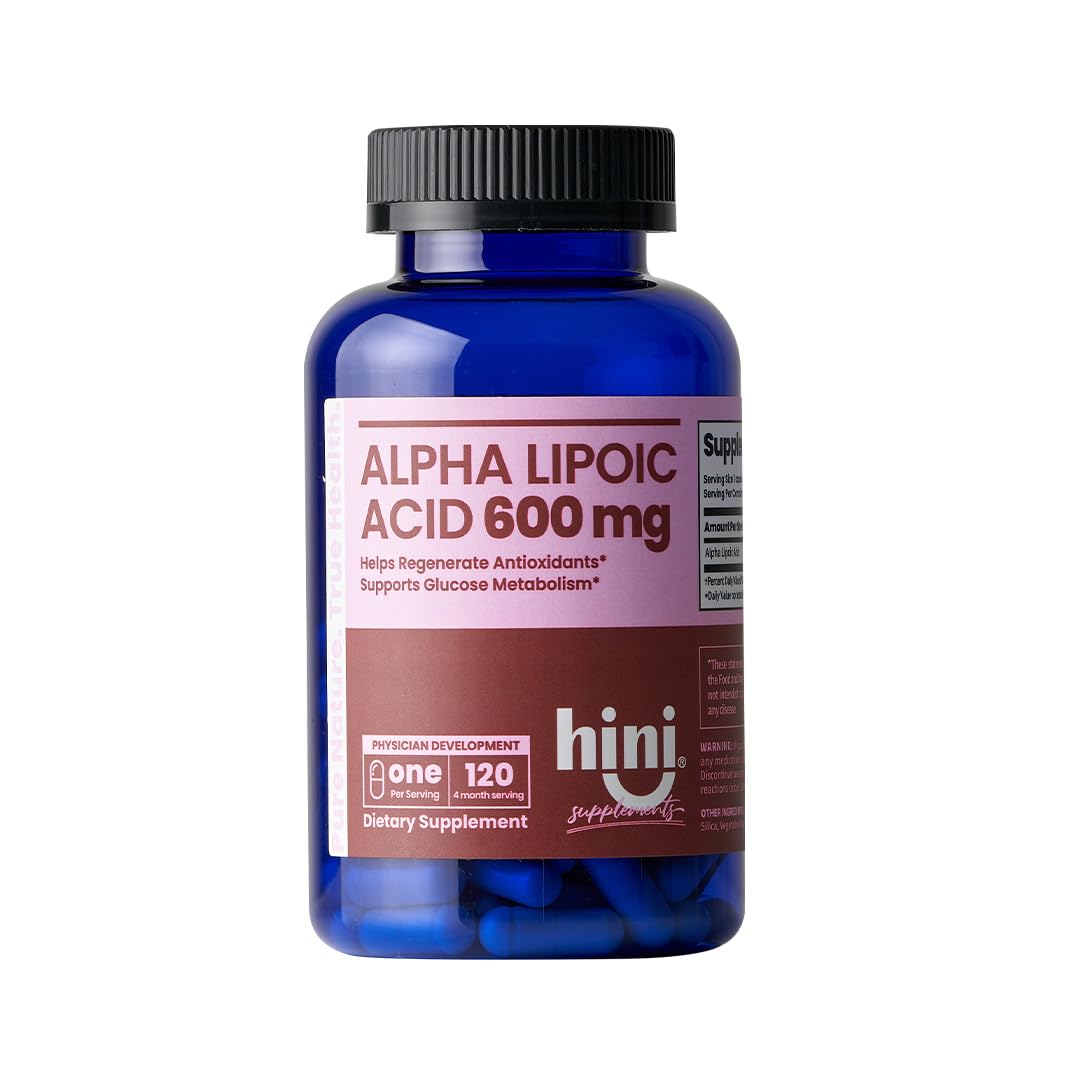 HINI ácido alfa-lipoico 600 mg cápsulas frente al envase para uso diario de antioxidante