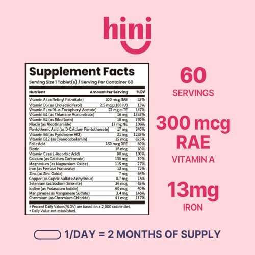 HINI multivitamínico para mujer, botella trasera, 20 vitaminas y minerales esenciales.