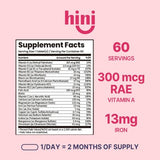 HINI multivitamínico para mujer, botella trasera, 20 vitaminas y minerales esenciales.