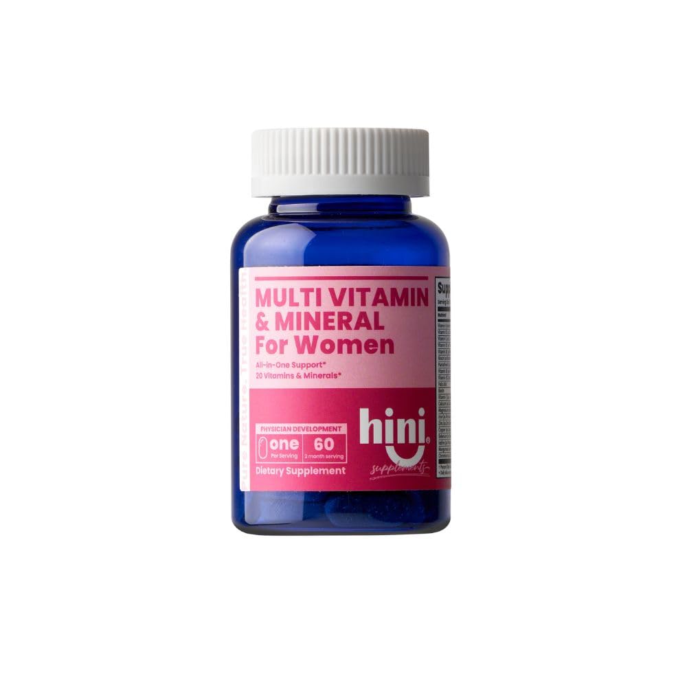 HINI multivitamínico para mujer, botella frontal, apoyo diario de energía.