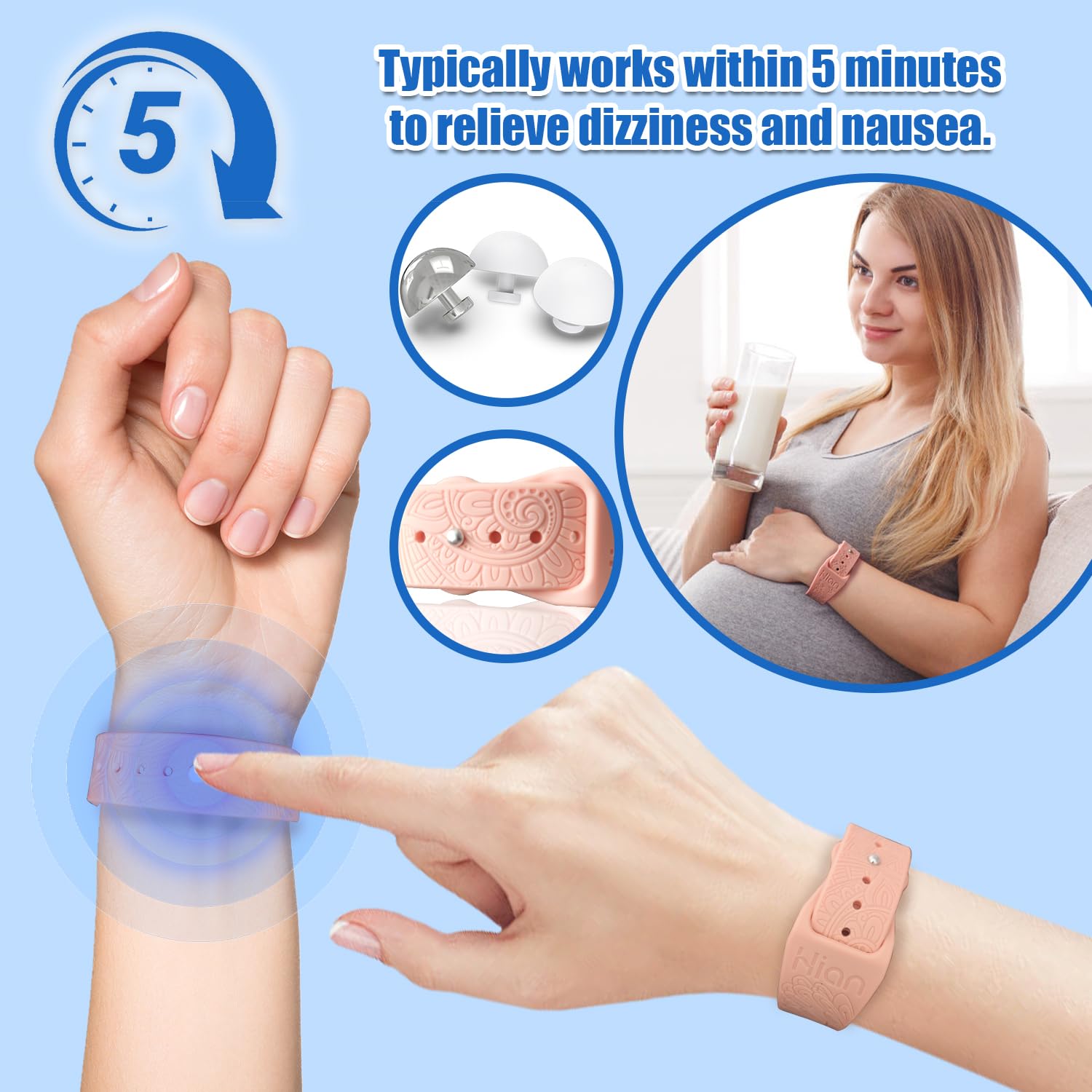 Brazalete Hion cuentas de acupresión, focaliza puntos clave para alivio.
