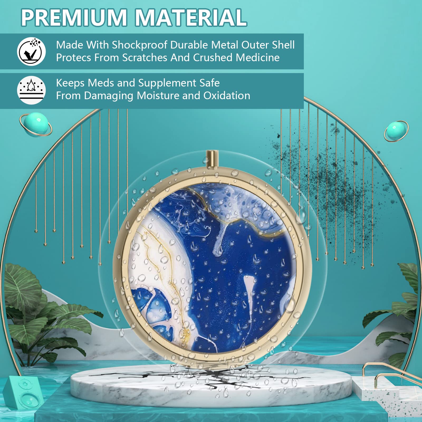 Diseño artístico Marble Hion, mantiene pastillas organizadas y a salvo de humedad