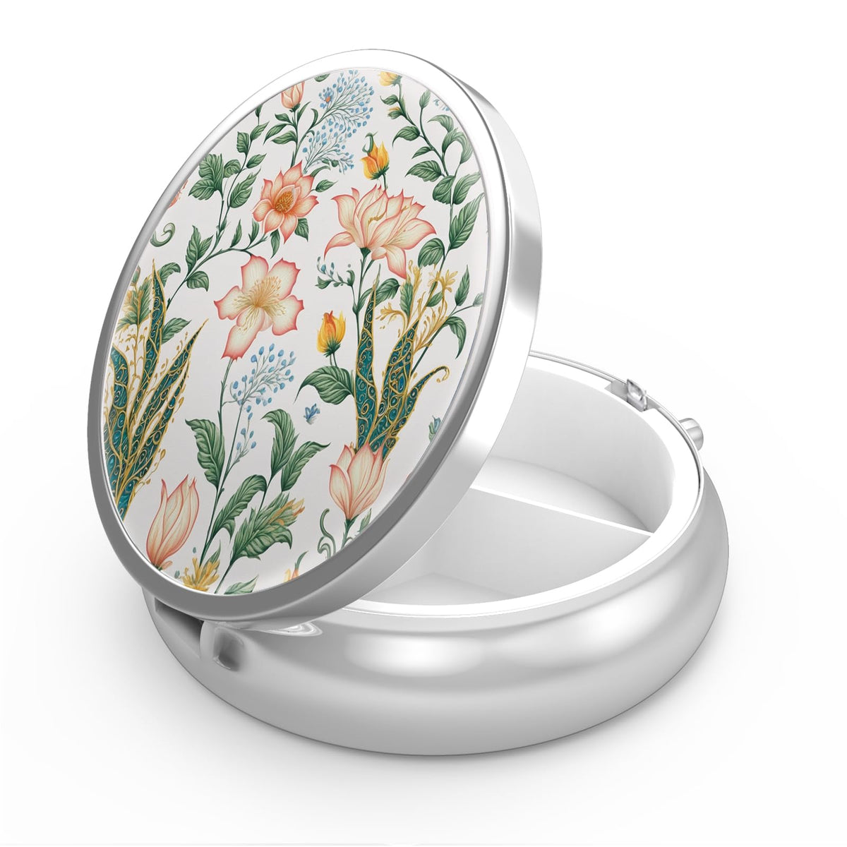 Estuche de pastillas Hion con diseño floral y 3 compartimentos, ideal para viaje.