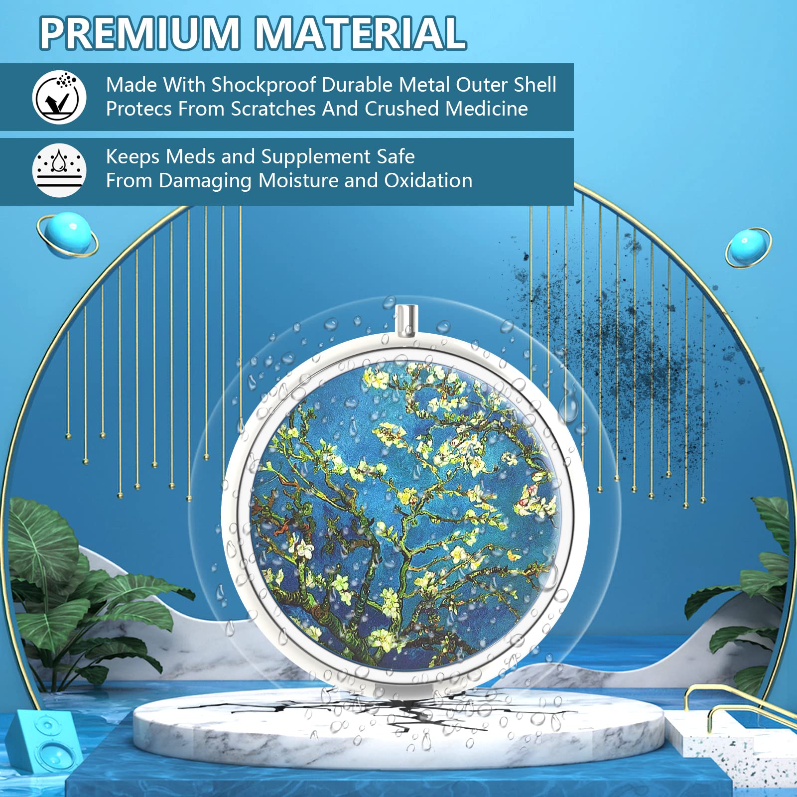 Pastillero Hion con diseño artístico, práctico para llevar vitaminas y medicinas.