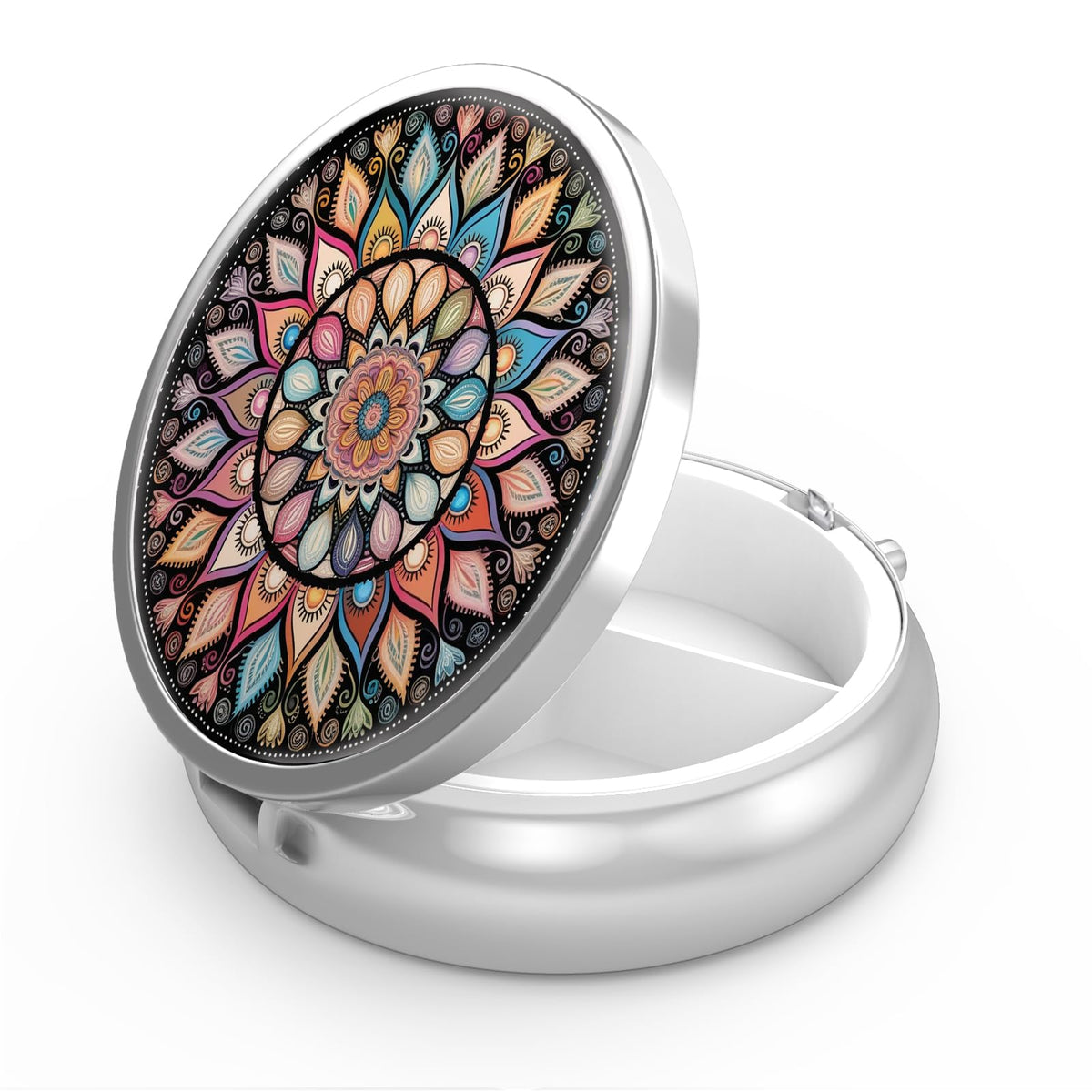 Hion pastillero 3 compartimentos mandala colorido, ideal para vitaminas diarias en viaje.