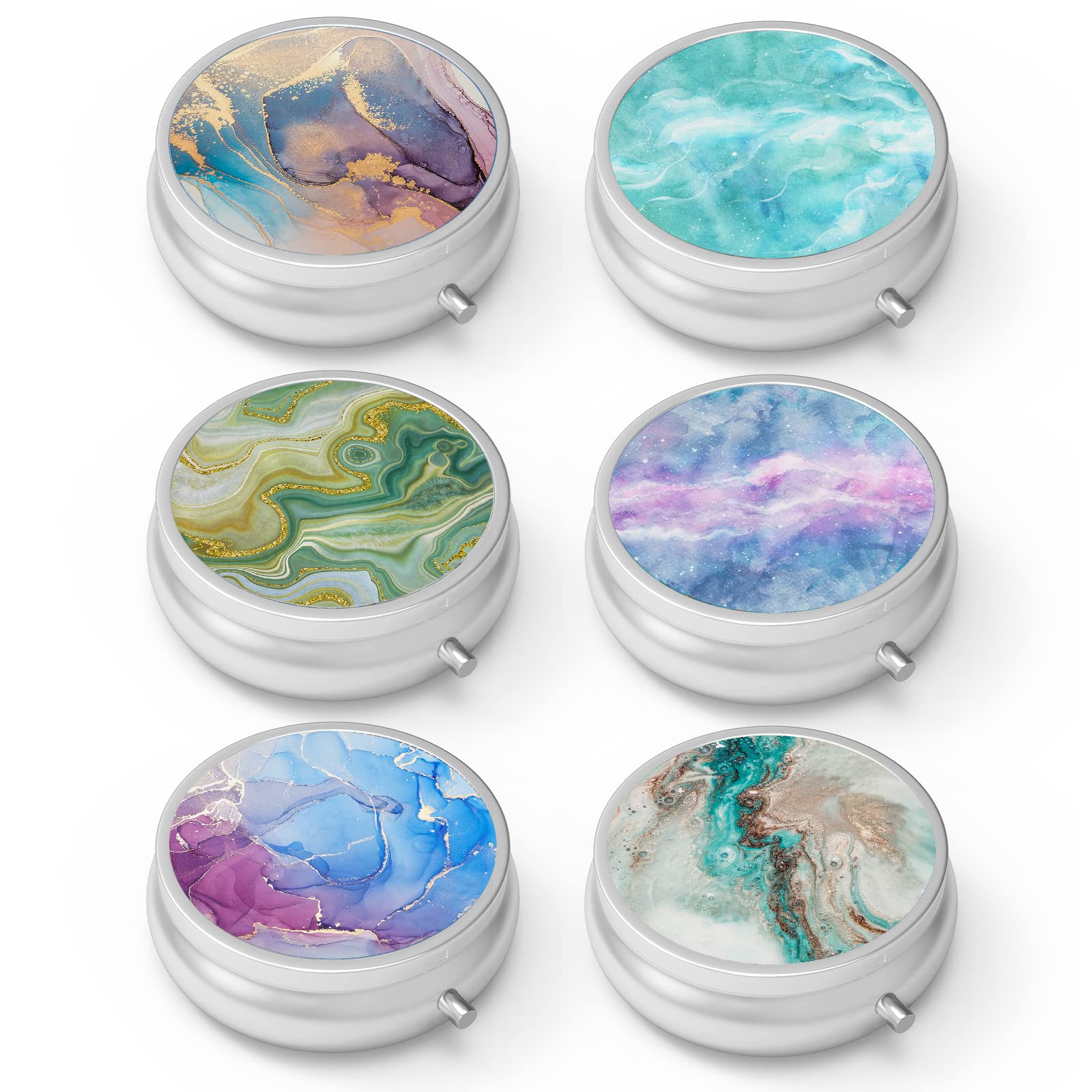Pastillero Hion de 3 compartimentos con patrón artístico, ideal para viajar y organizar píldoras.