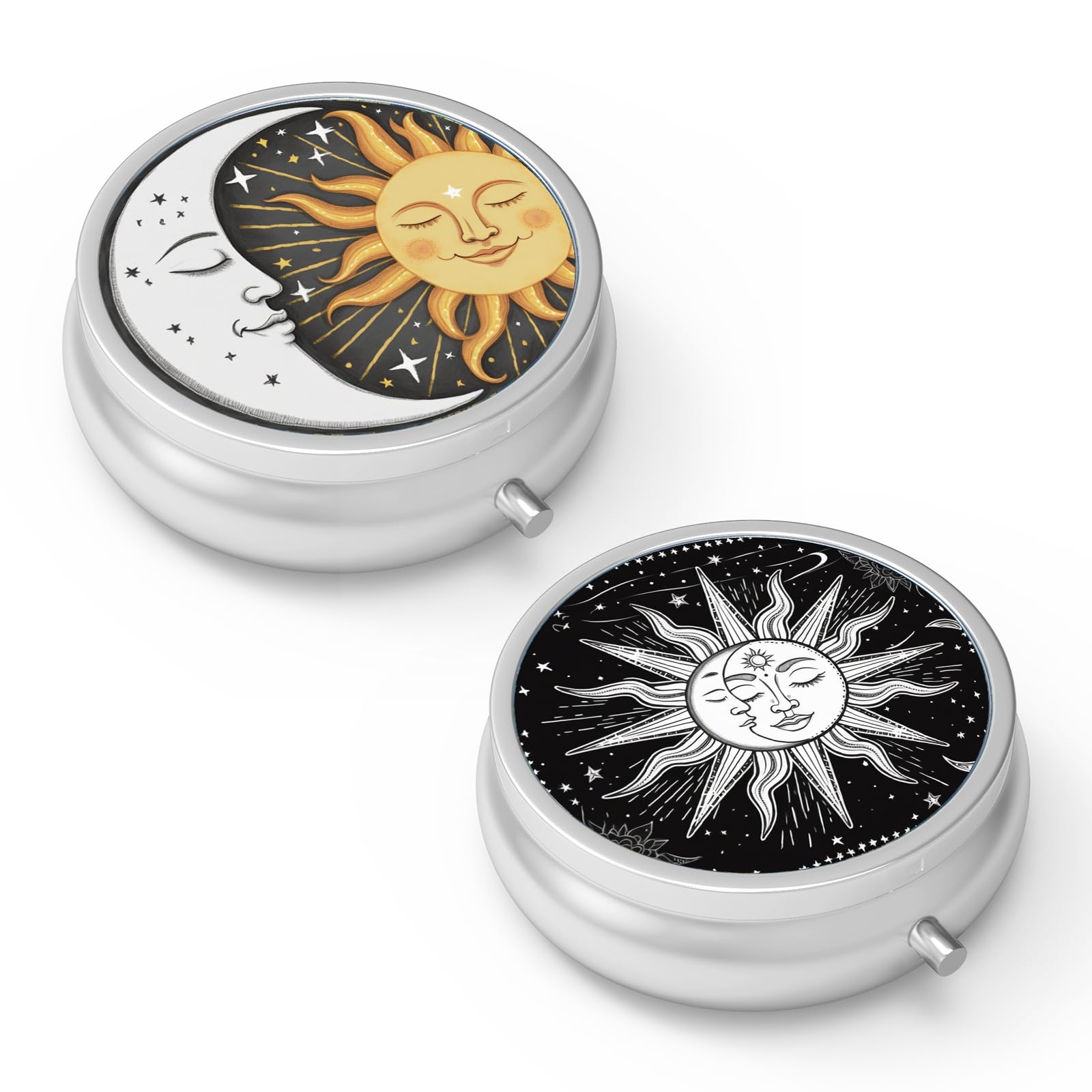 Hion porta-píldoras 3 compartimentos con acabado metálico elegante para viaje y uso diario.