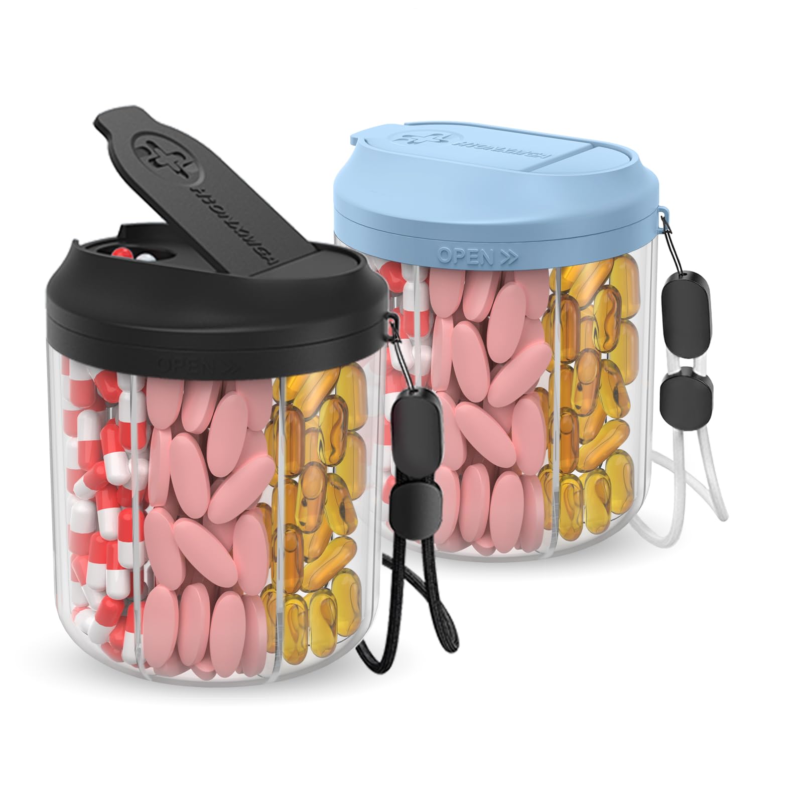 Dispensador Hionxmga con siete compartimentos para organizar pastillas durante viajes.