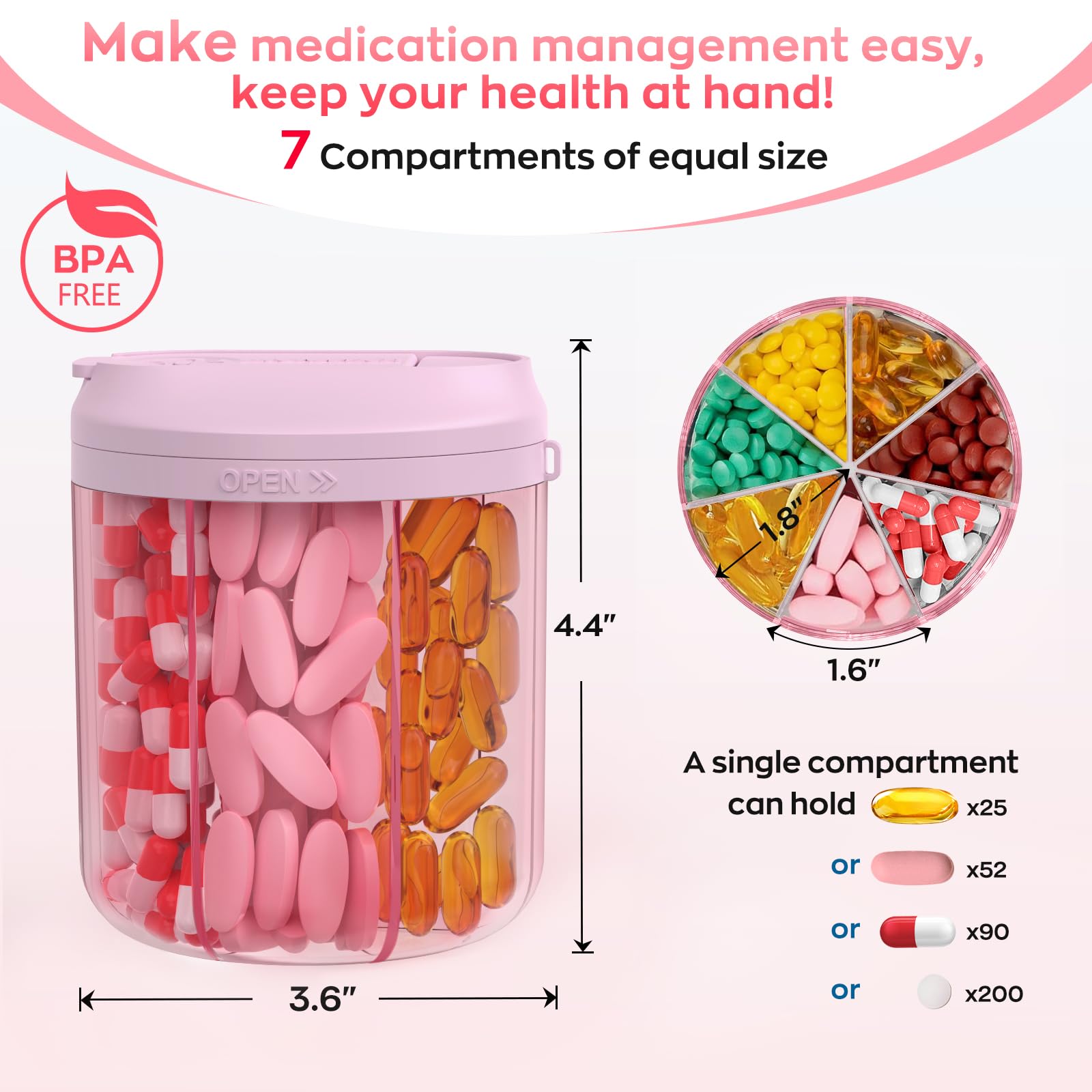 Organizador de pastillas Hionxmga en rosa para transporte diario de suplementos.