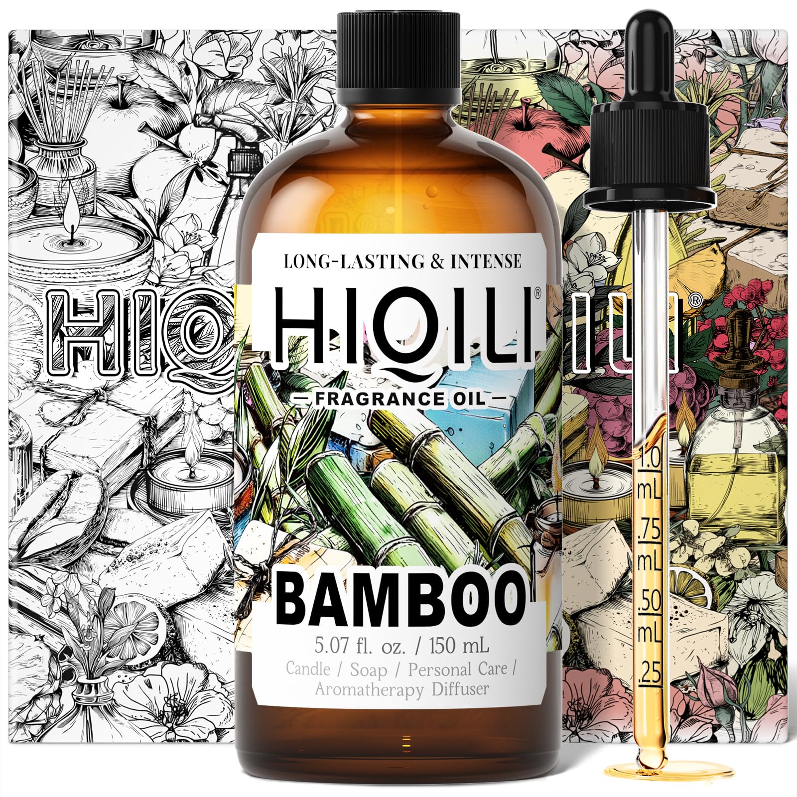 HIQILI aceite de bambú en frasco, ideal para difusor y ambientación calmante.