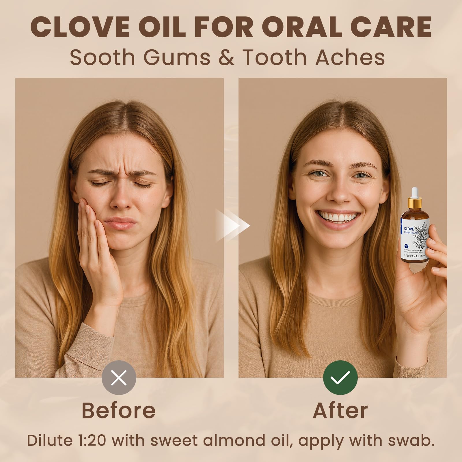 HIQILI Aceite de clavo para cuidado bucal: uso diario y sabor refrescante.