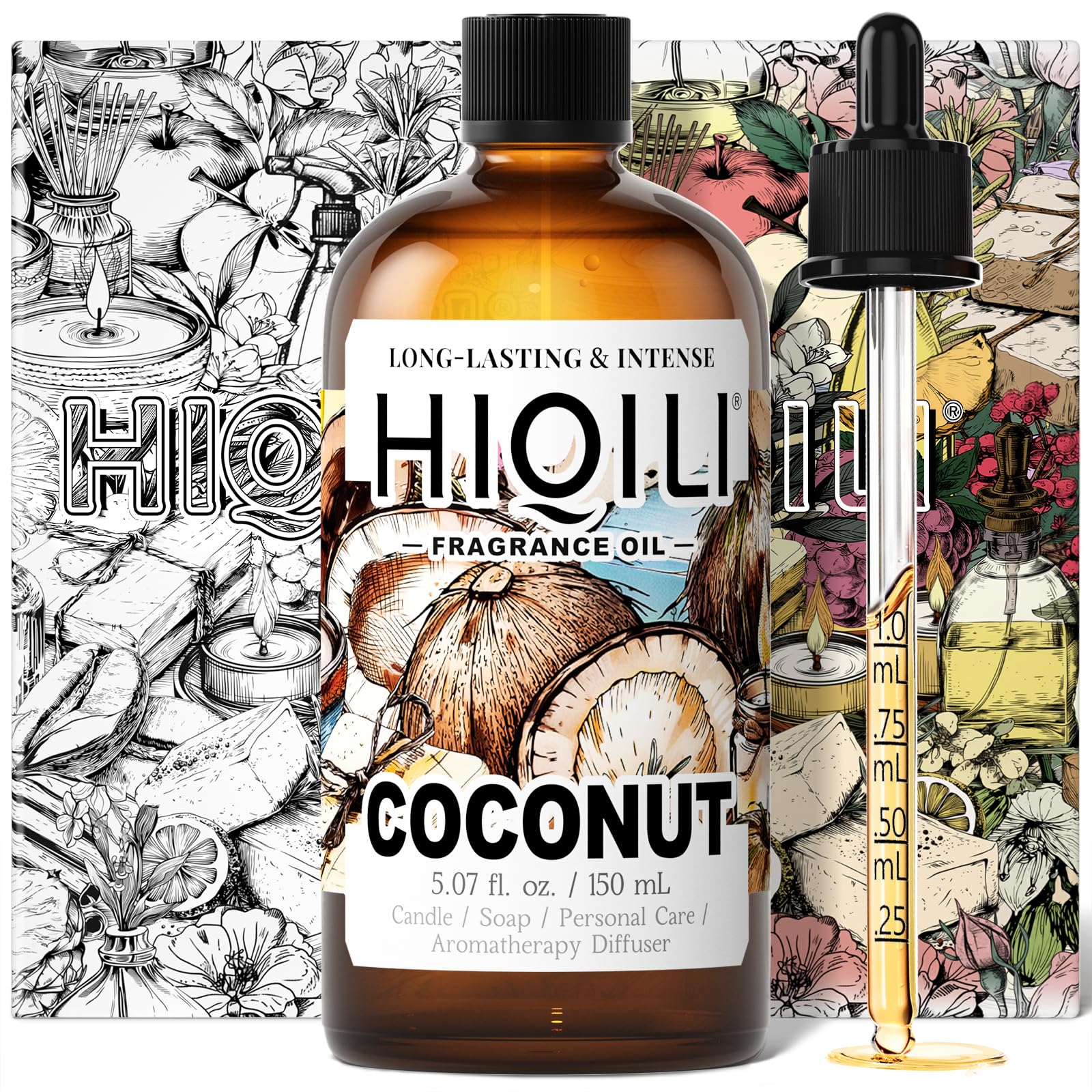 HIQILI Aceite fragancia coco para difusor, aroma tropical duradero en espacios.