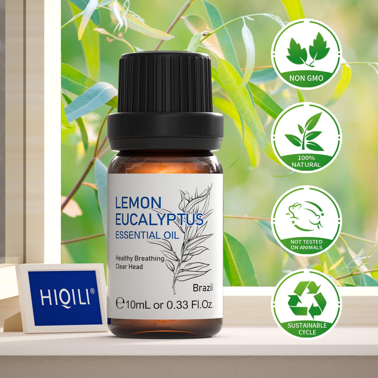 Envase ambar HIQILI aceite limon eucalipto con gotero y precauciones