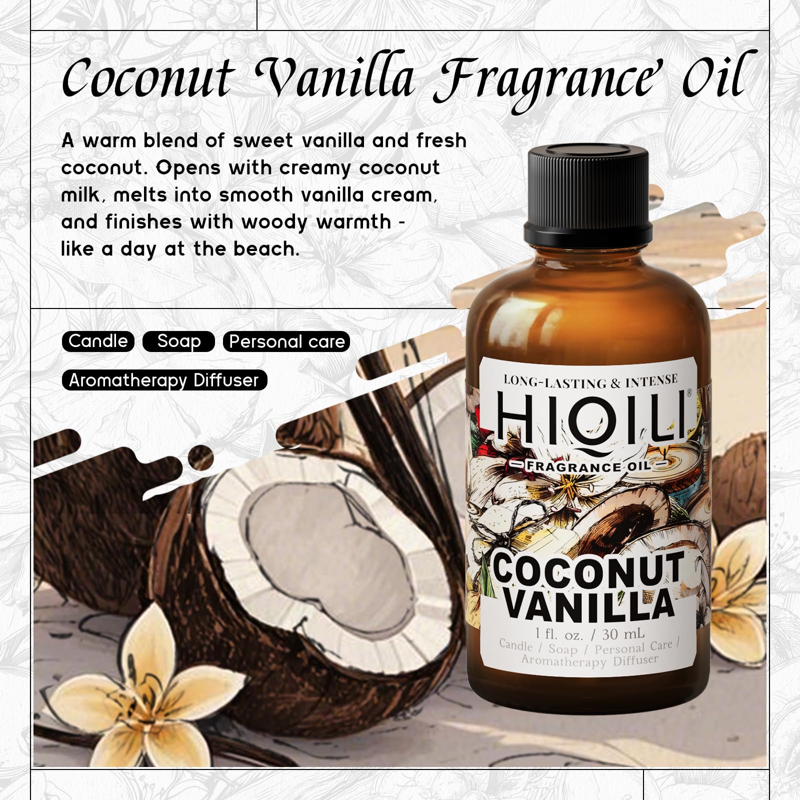 HIQILI Coco Vainilla: fragancia para jabón, aroma suave