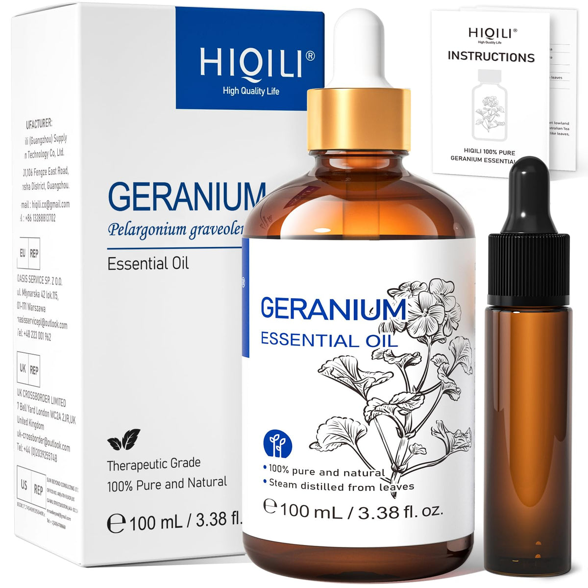 HIQILI Geranio: botella-ambar de aceite, aroma fresco para ambiente relajante.