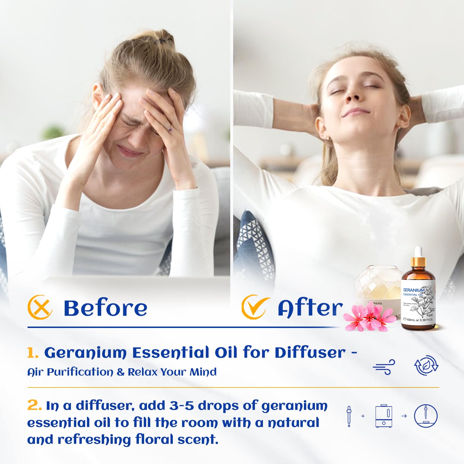HIQILI Geranio: aceite-difusor-uso, difunde aroma floral suave en la habitación.