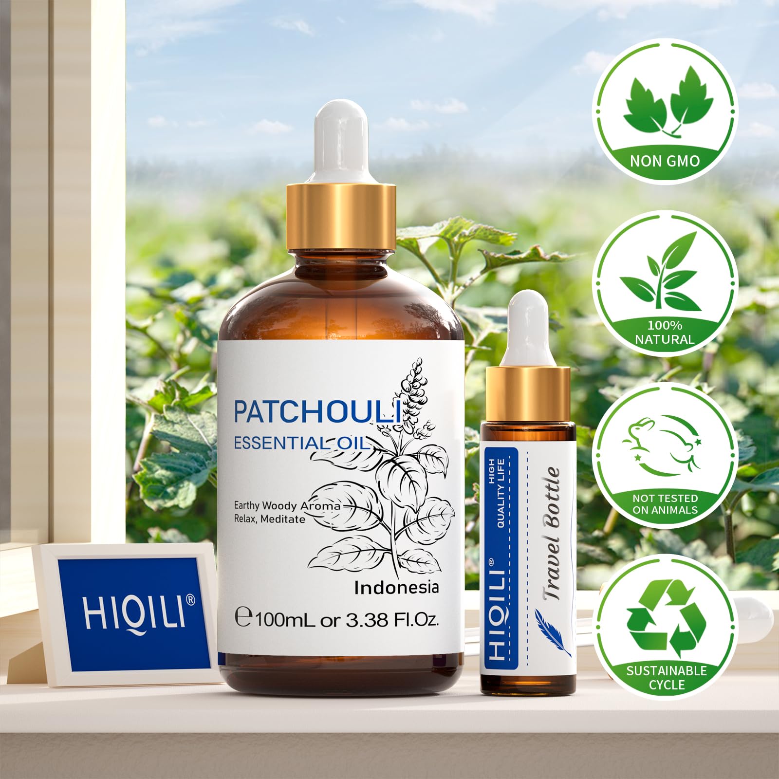 HIQILI patchouli, envase seguro con certificaciones de pureza.