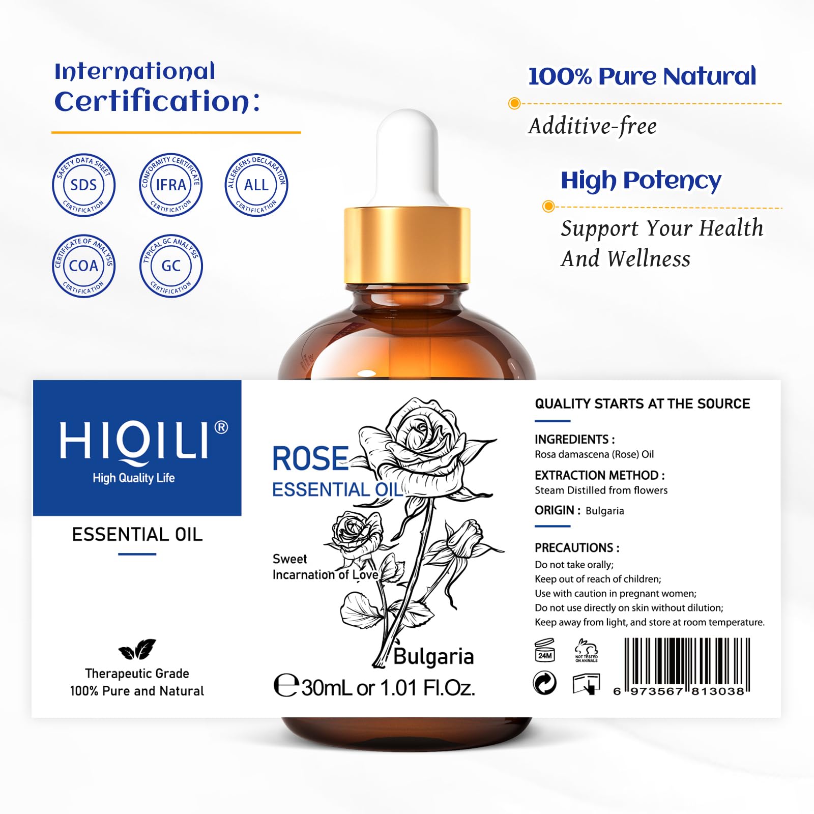 HIQILI Rose, empaque y certificado de calidad para pureza.