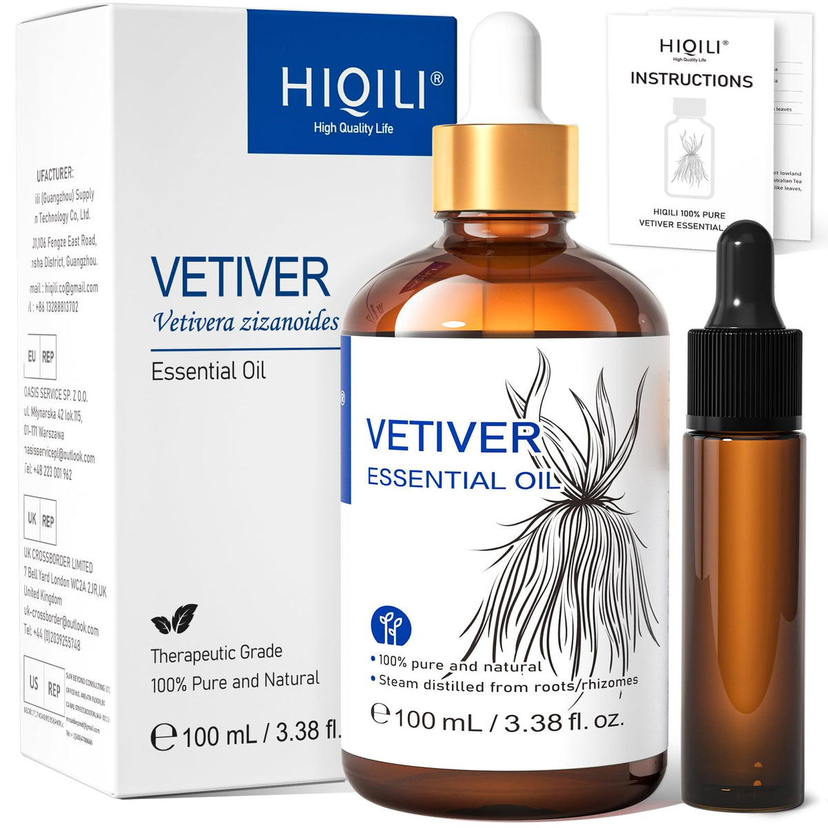 Aceite HIQILI Vetiver en botella de 100 ml para aromaterapia calmante.