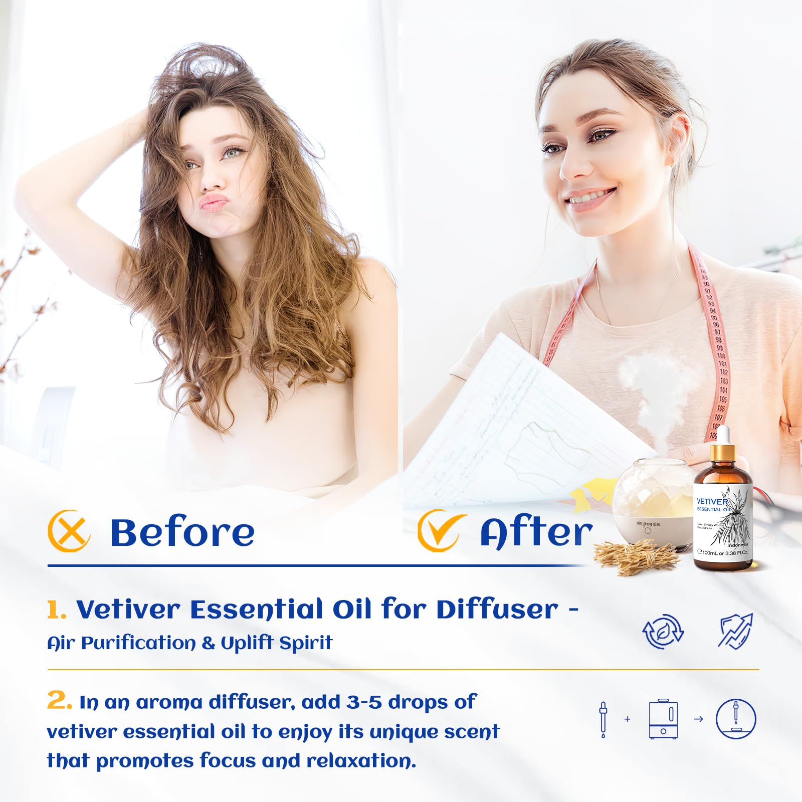 Difusor con aceite HIQILI Vetiver para crear un ambiente relajante en casa.