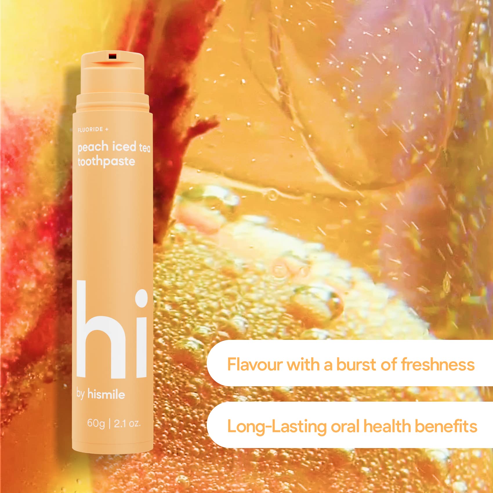 Etiqueta frontal de Hi by Hismile con sabor durazno té helado que indica frescura