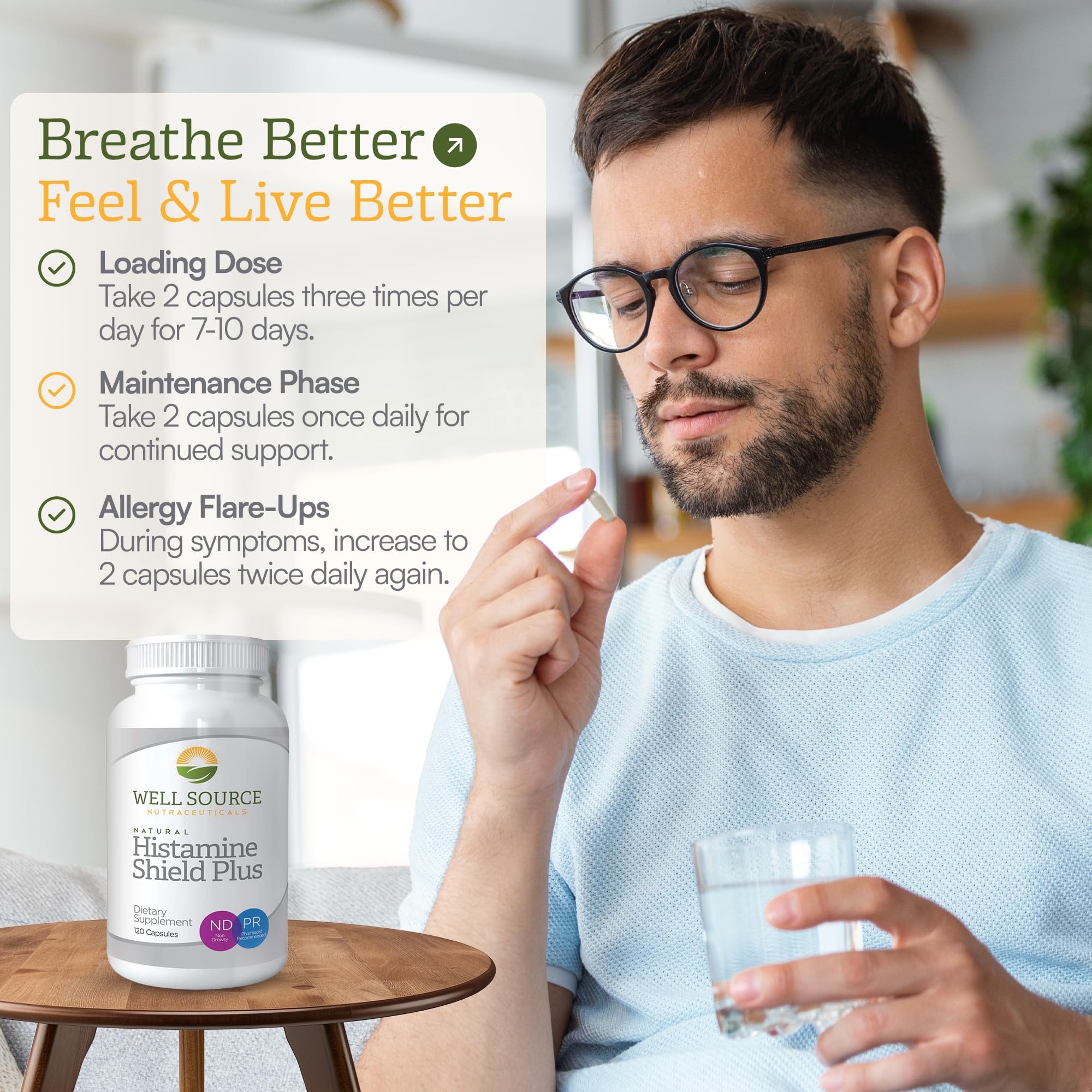 Cápsulas vegetales de Histamine Shield Plus para comodidad sin gluten.