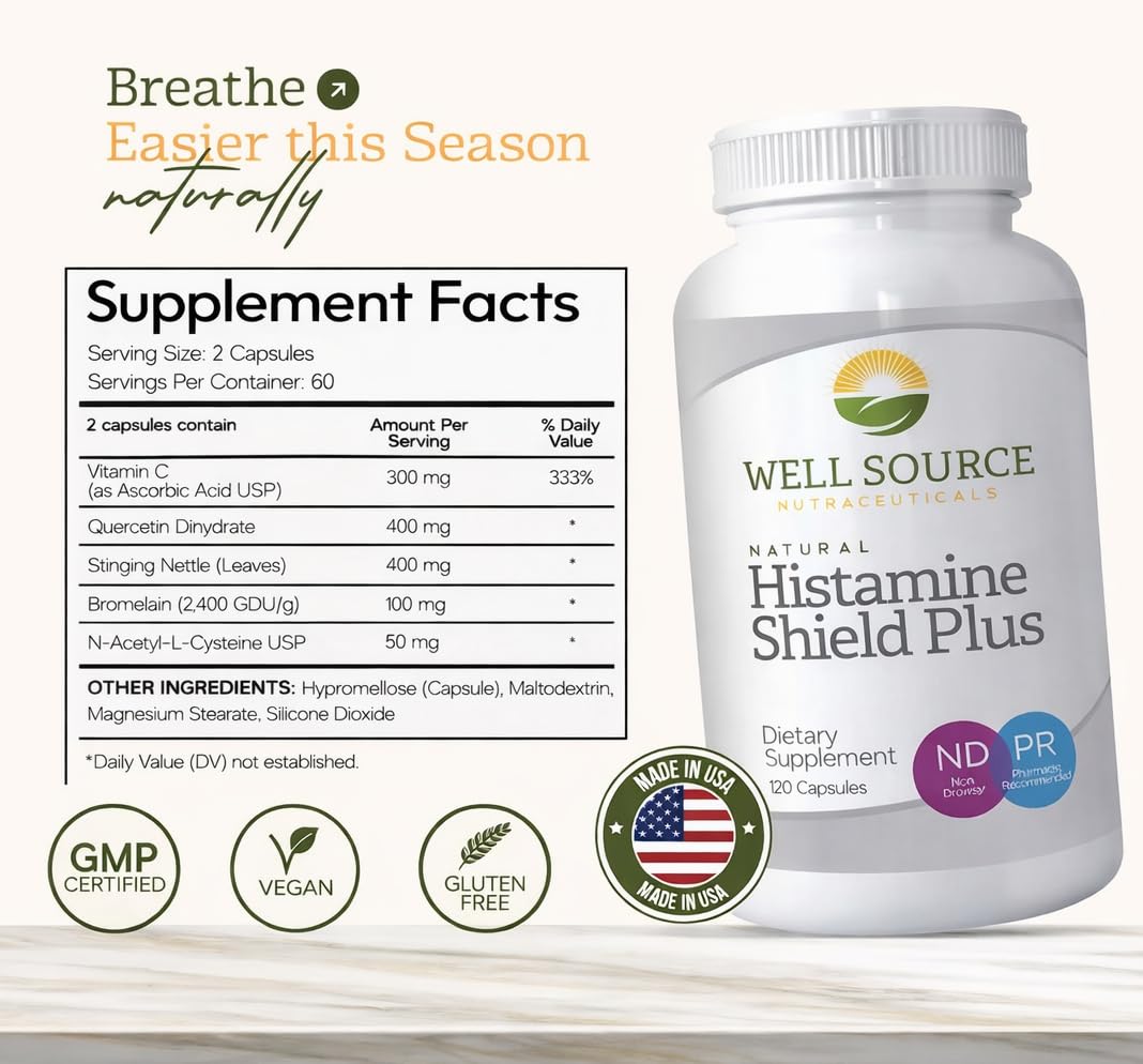 Etiqueta de Histamine Shield Plus con ingredientes naturales para apoyo alérgico.