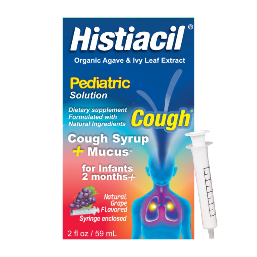 Histiacil, botella de jarabe para tos, fácil de administrar para niños.